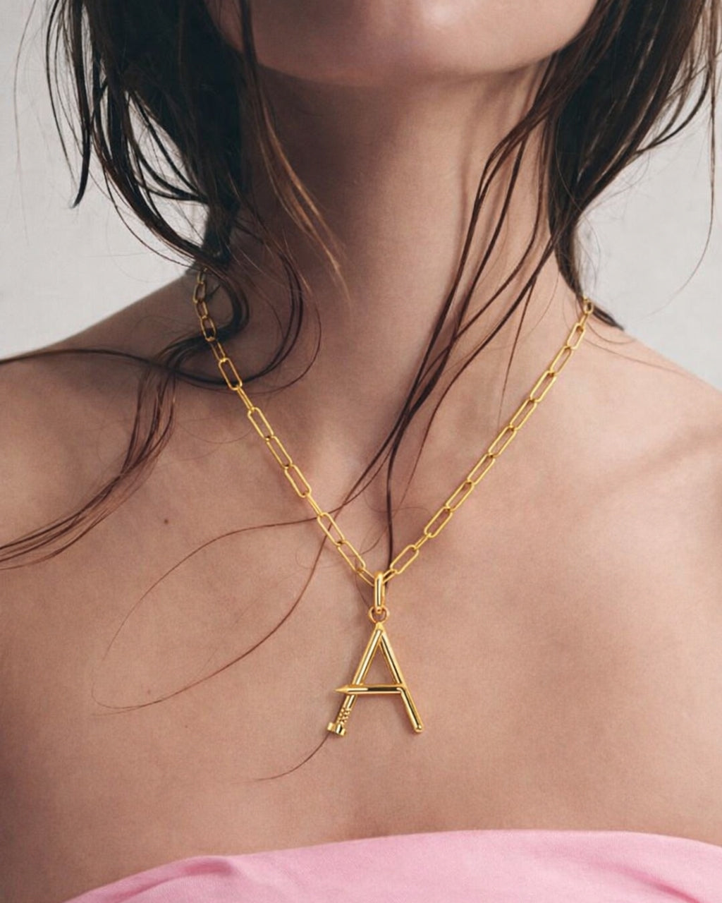 14k Gold Large Nail Initial Pendant Necklace