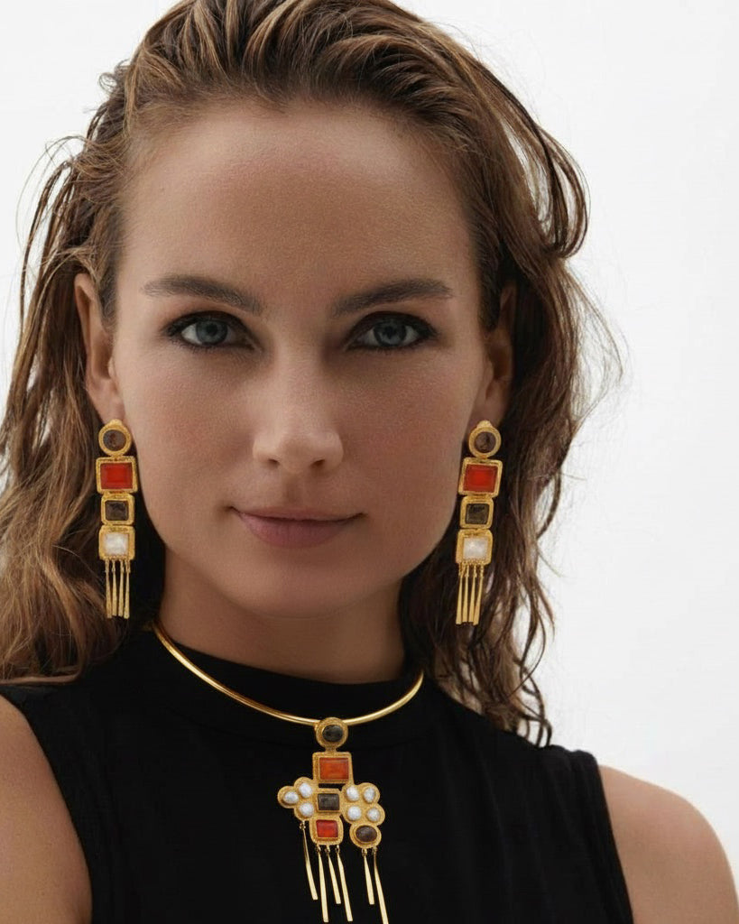 Bronzite & Moonstone Nefertiti Collar Necklace