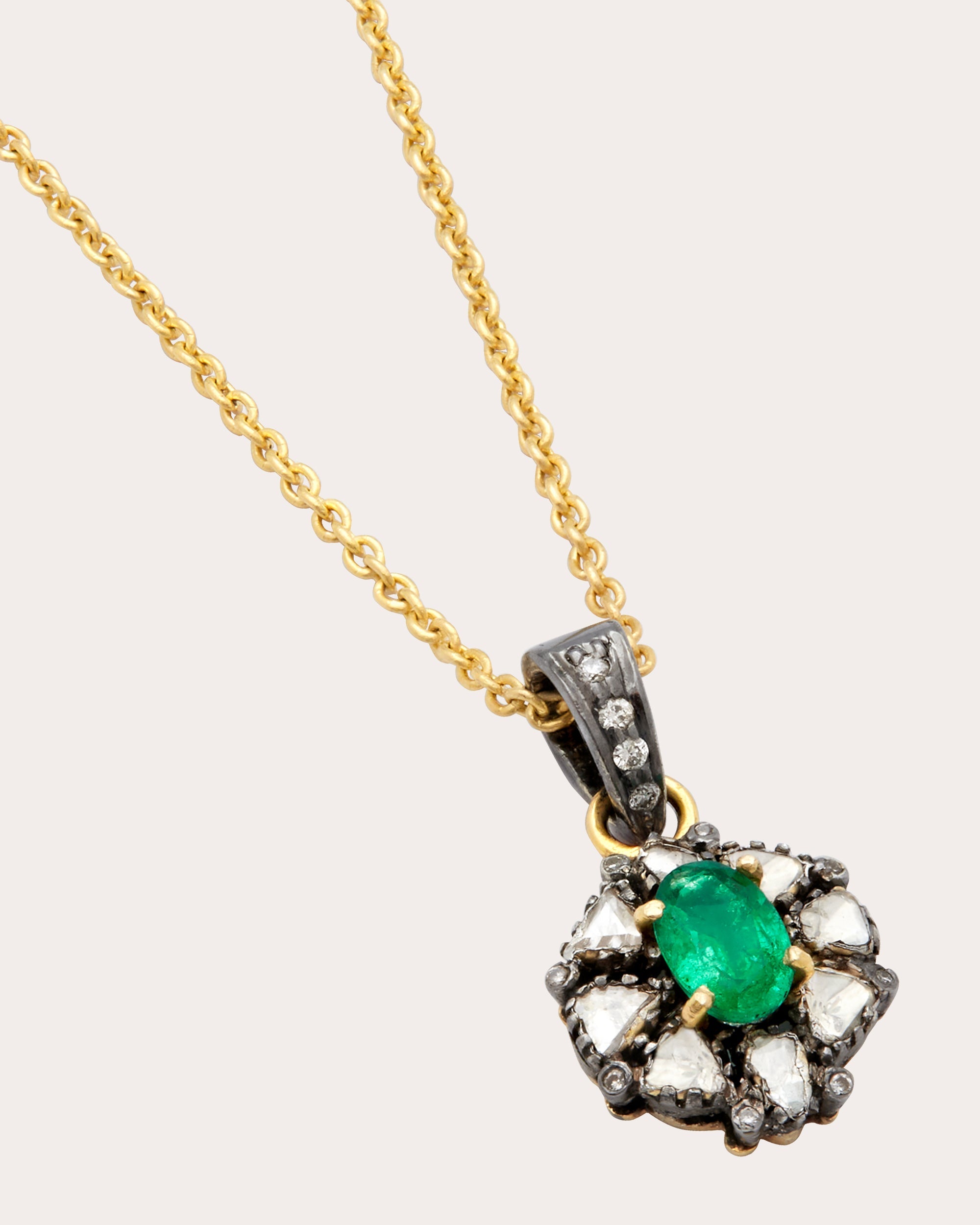 Ramadan 18K Gold Sterling Silver Emerald and Diamond Pendant Necklace