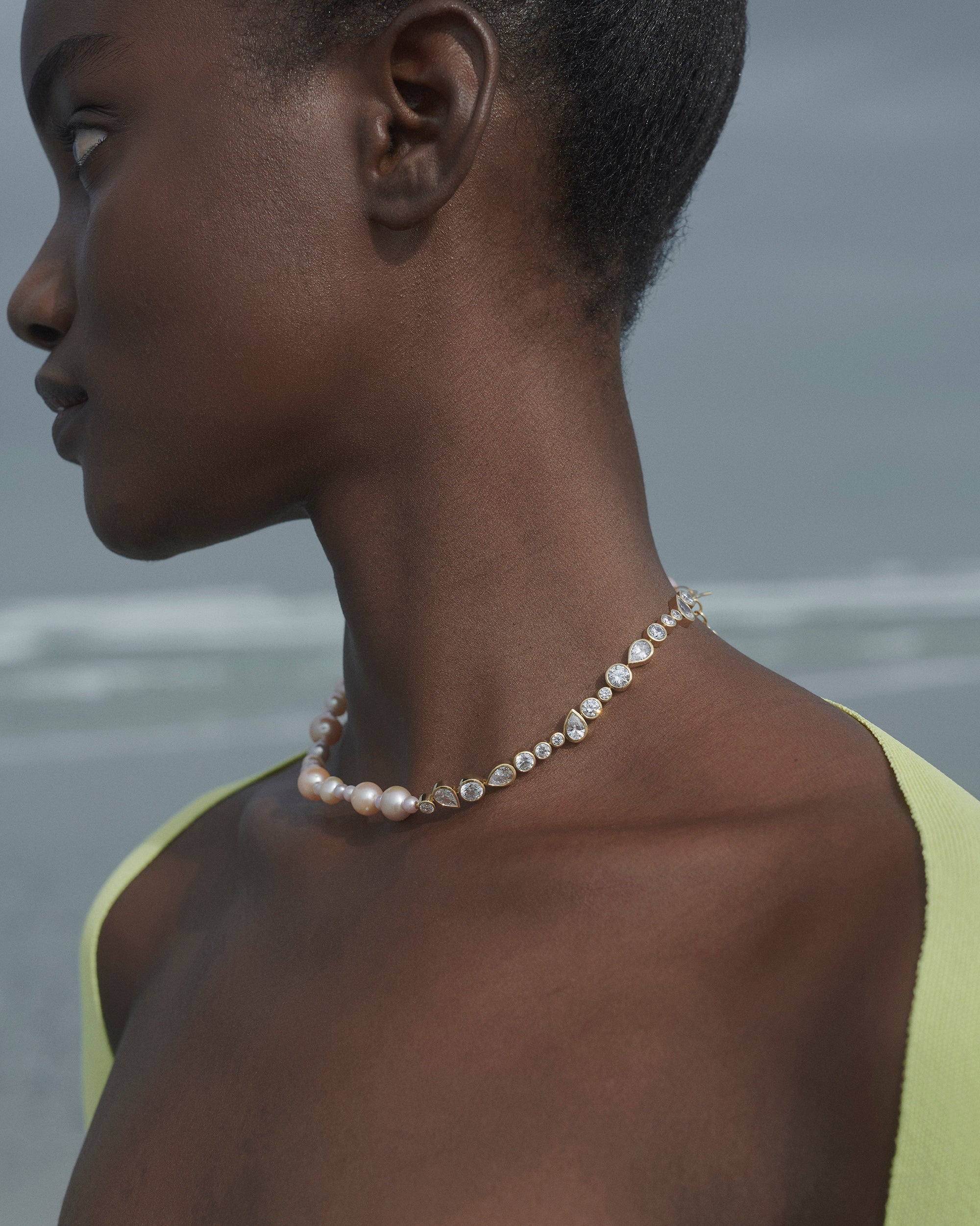 Cubic Zirconia & Pink Pearl Float Necklace