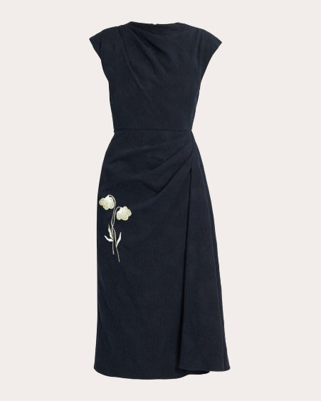Floral Appliqué Jacquard Draped Midi Dress
