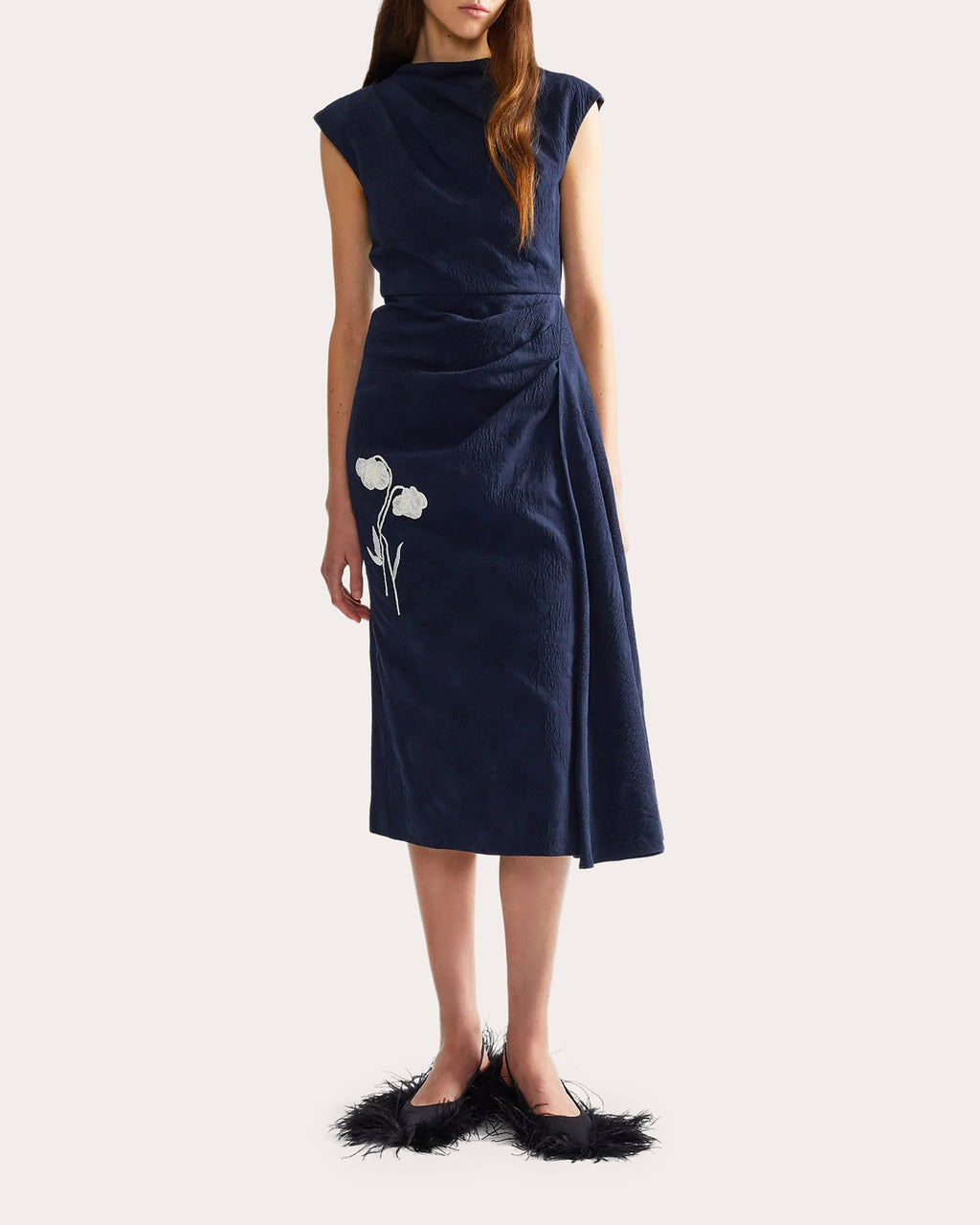 Floral Appliqué Jacquard Draped Midi Dress