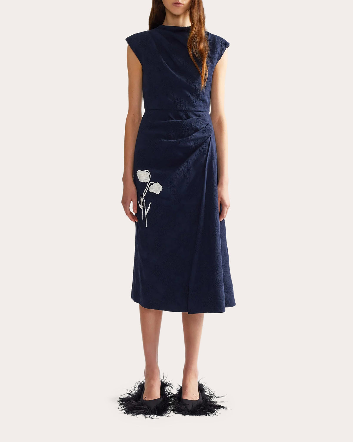 Floral Appliqué Jacquard Draped Midi Dress