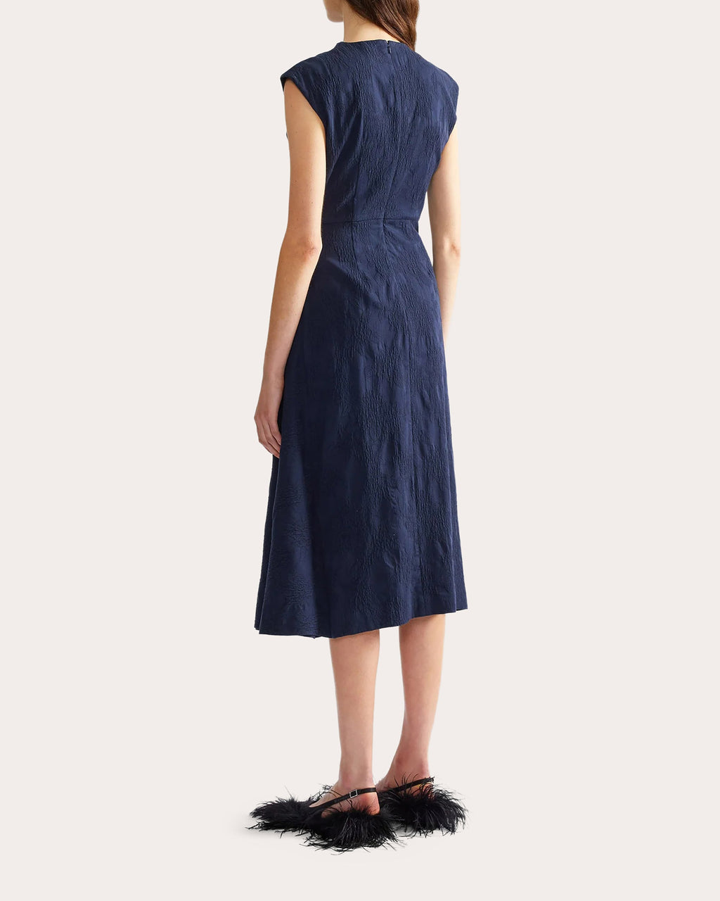 Floral Appliqué Jacquard Draped Midi Dress