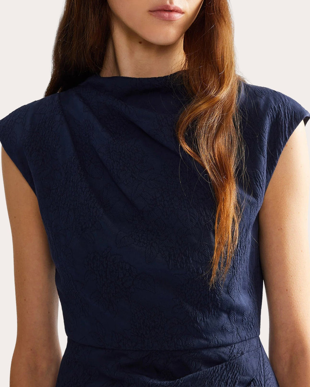 Floral Appliqué Jacquard Draped Midi Dress