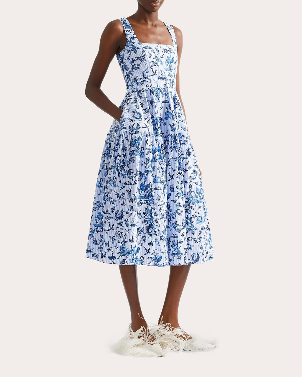Toile Stripe Poplin Sleeveless Midi Dress