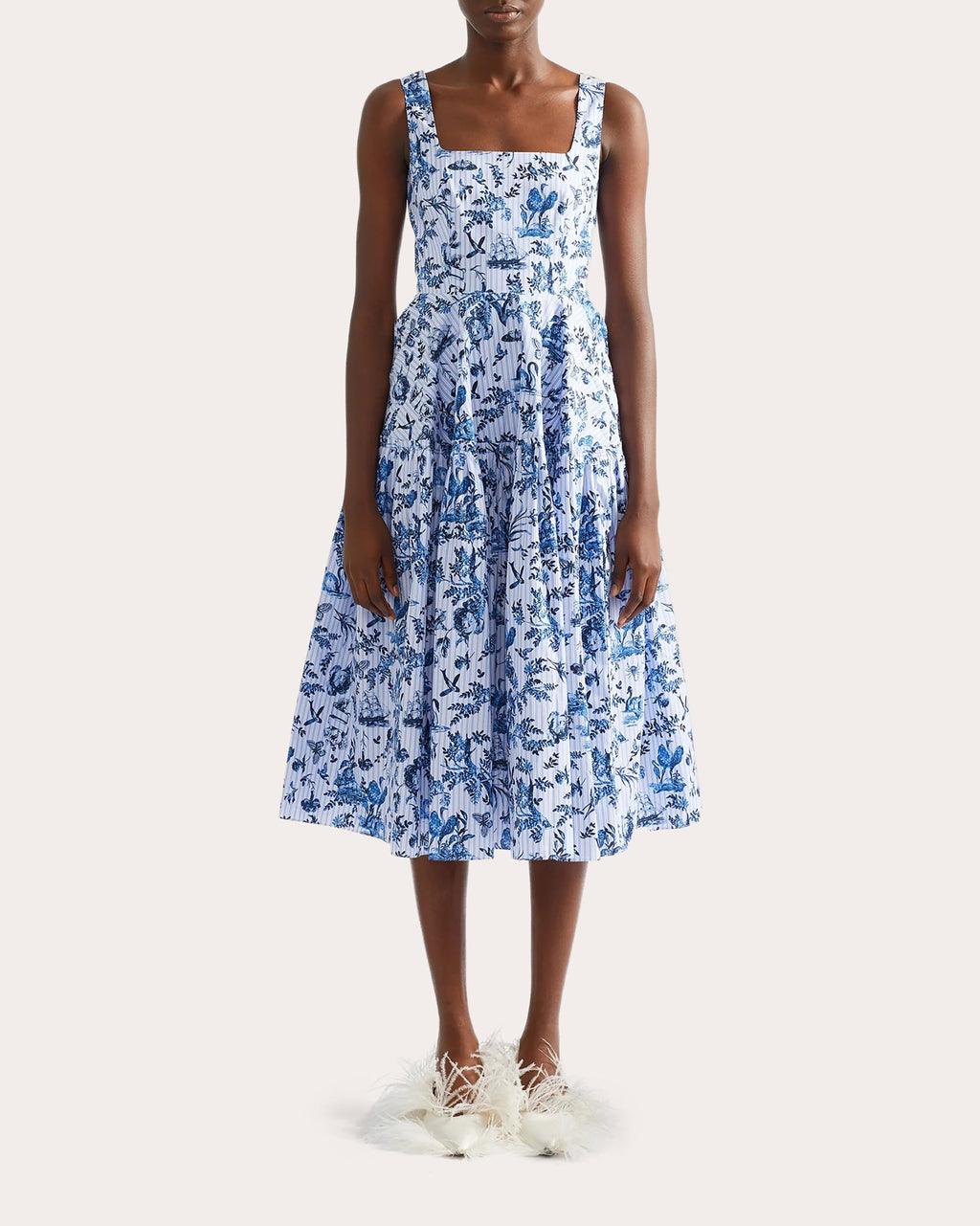 Toile Stripe Poplin Sleeveless Midi Dress