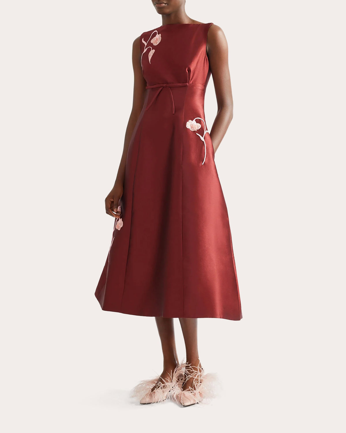 Embroidered Mikado Flared Midi Dress