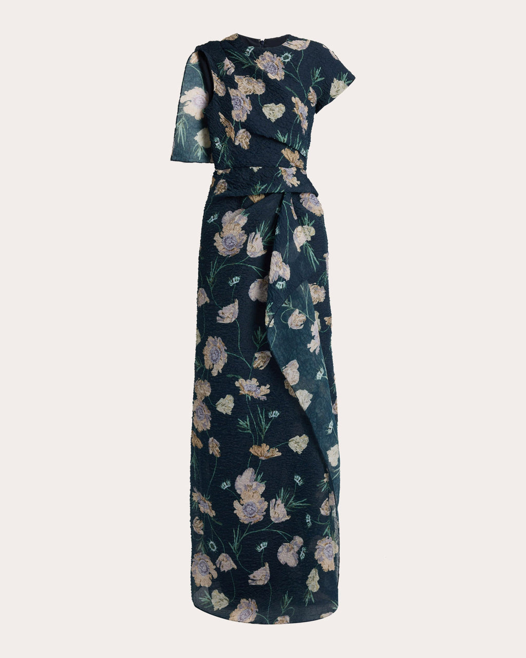 Floral Organza Cloque Asymmetric Drape Gown