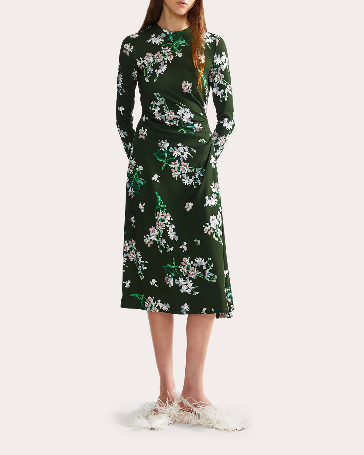 Floral Ponte Jersey Draped Midi Dress