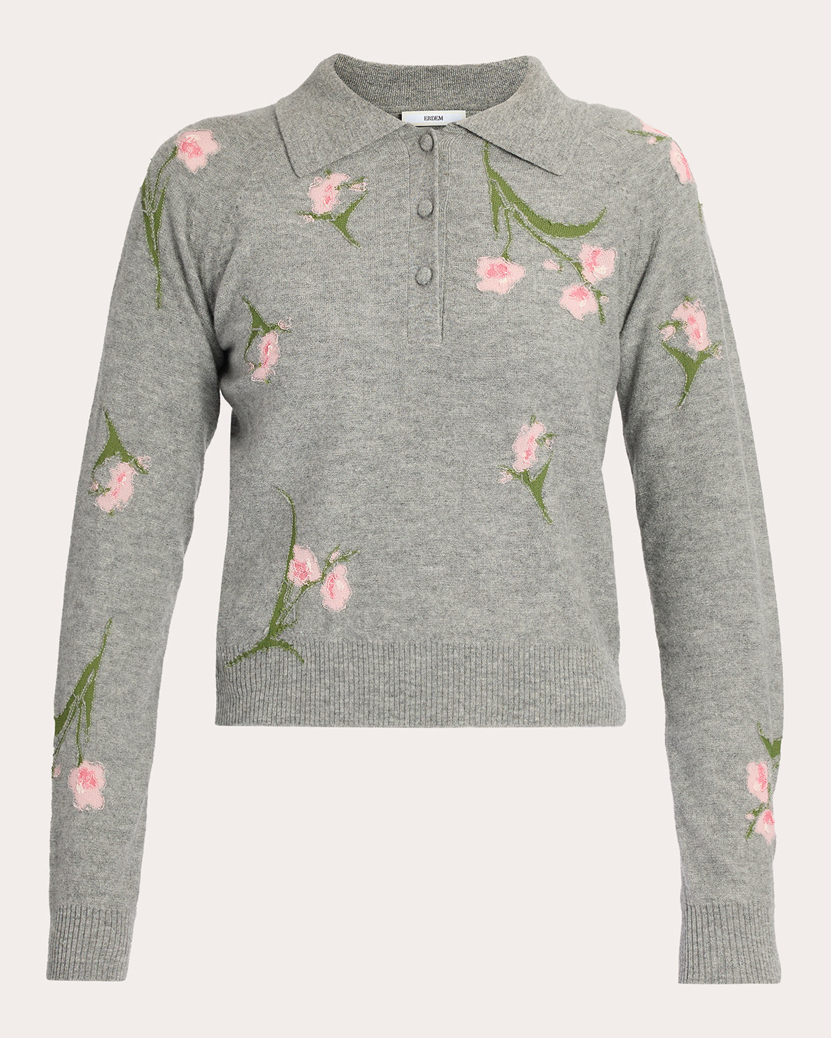 Embroidered Floral Wool Polo Sweater