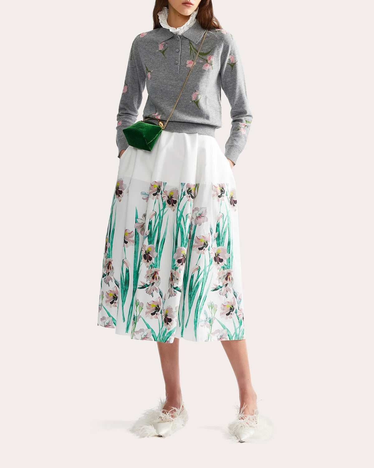 Embroidered Floral Wool Polo Sweater