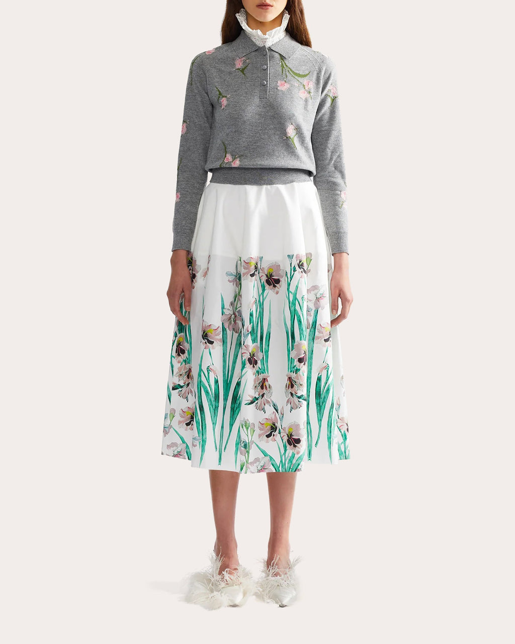 Embroidered Floral Wool Polo Sweater