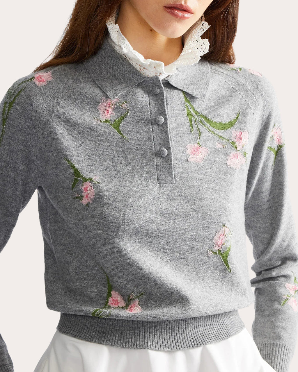 Embroidered Floral Wool Polo Sweater