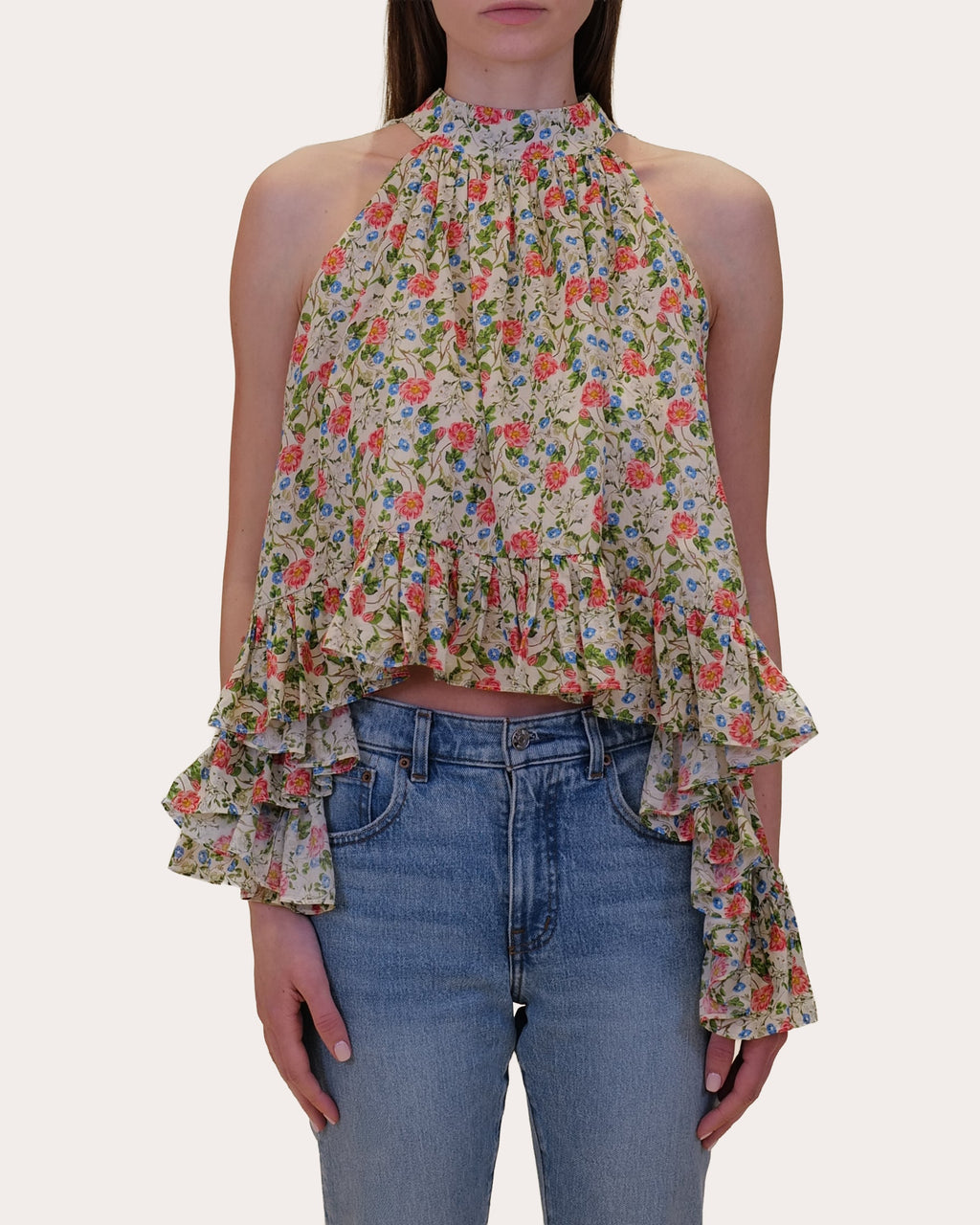 Plath Floral Voile Asymmetric Ruffle Halter Top