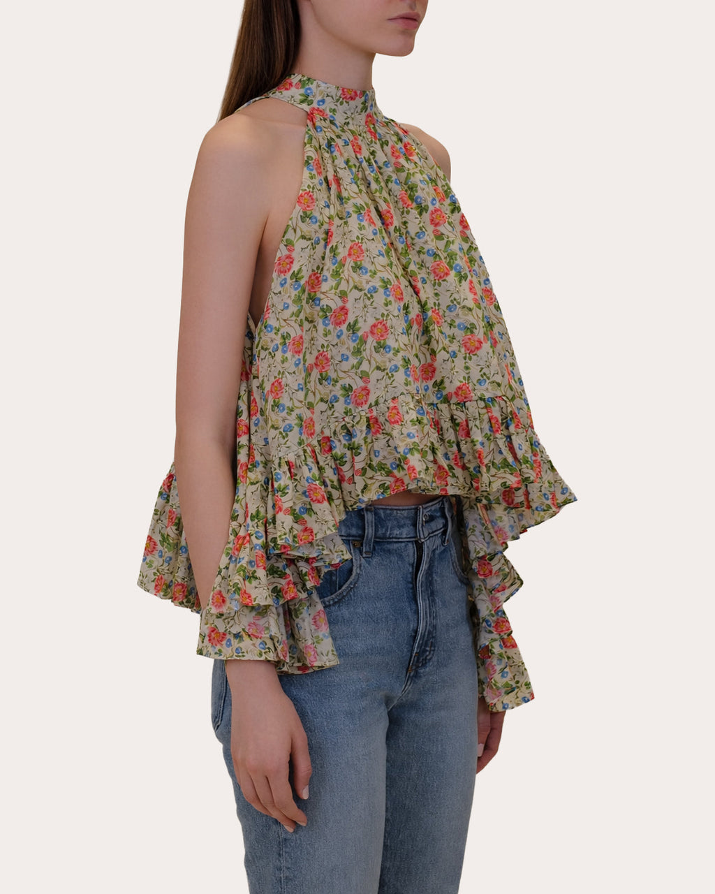 Plath Floral Voile Asymmetric Ruffle Halter Top