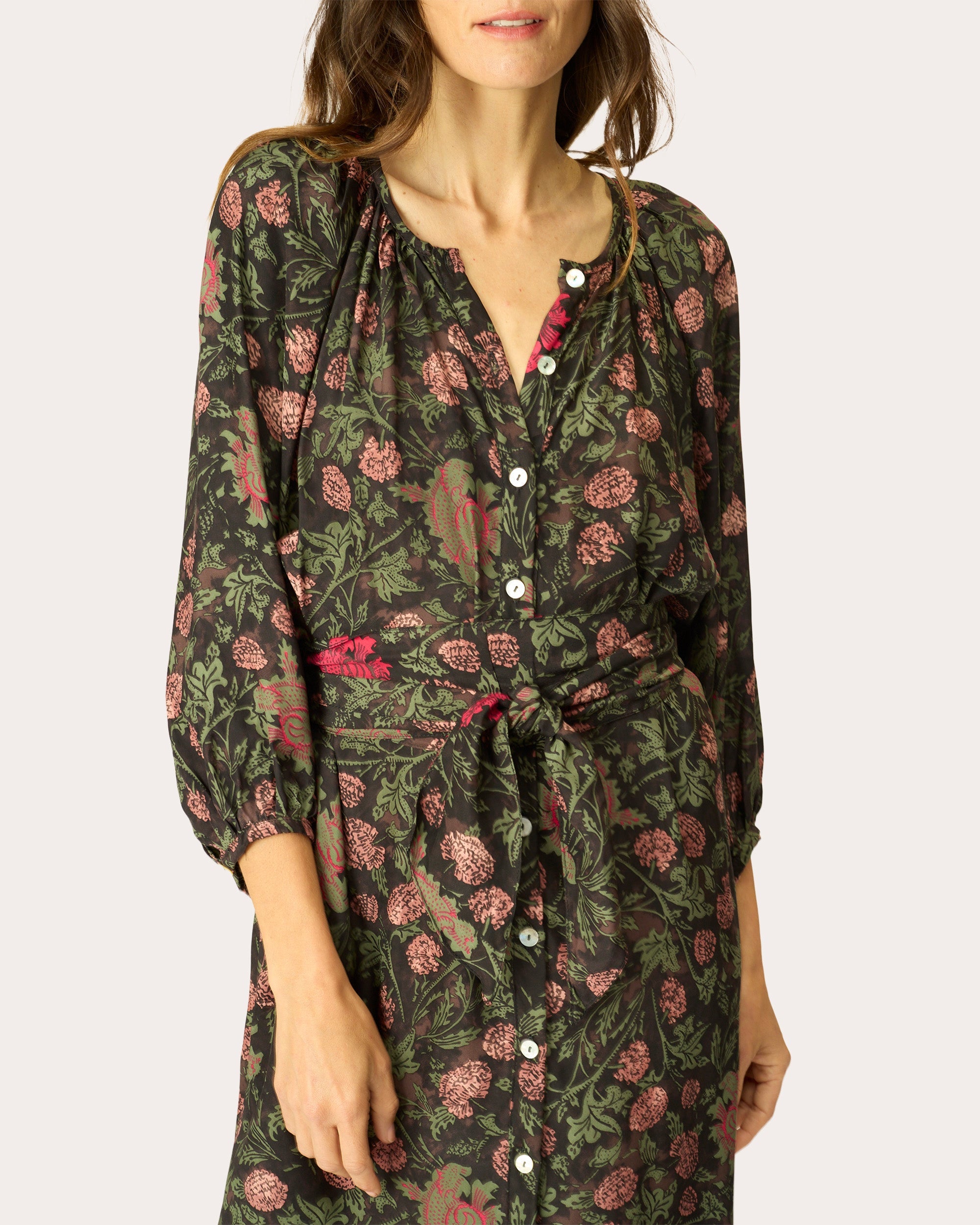 Alex Floral Silk Belted Button-Up Midi Dress