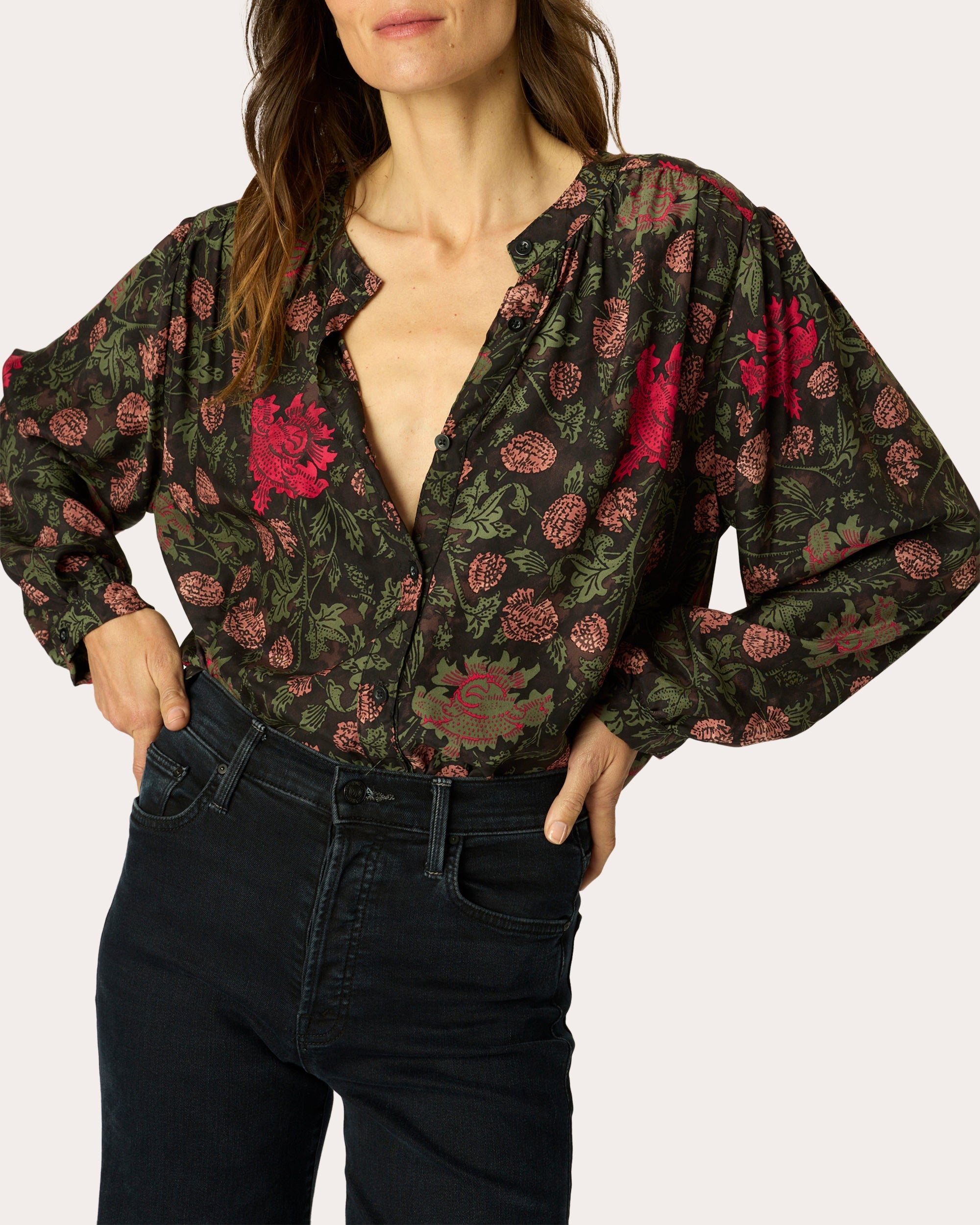 Tolan Floral Silk Gathered Button-Up Shirt