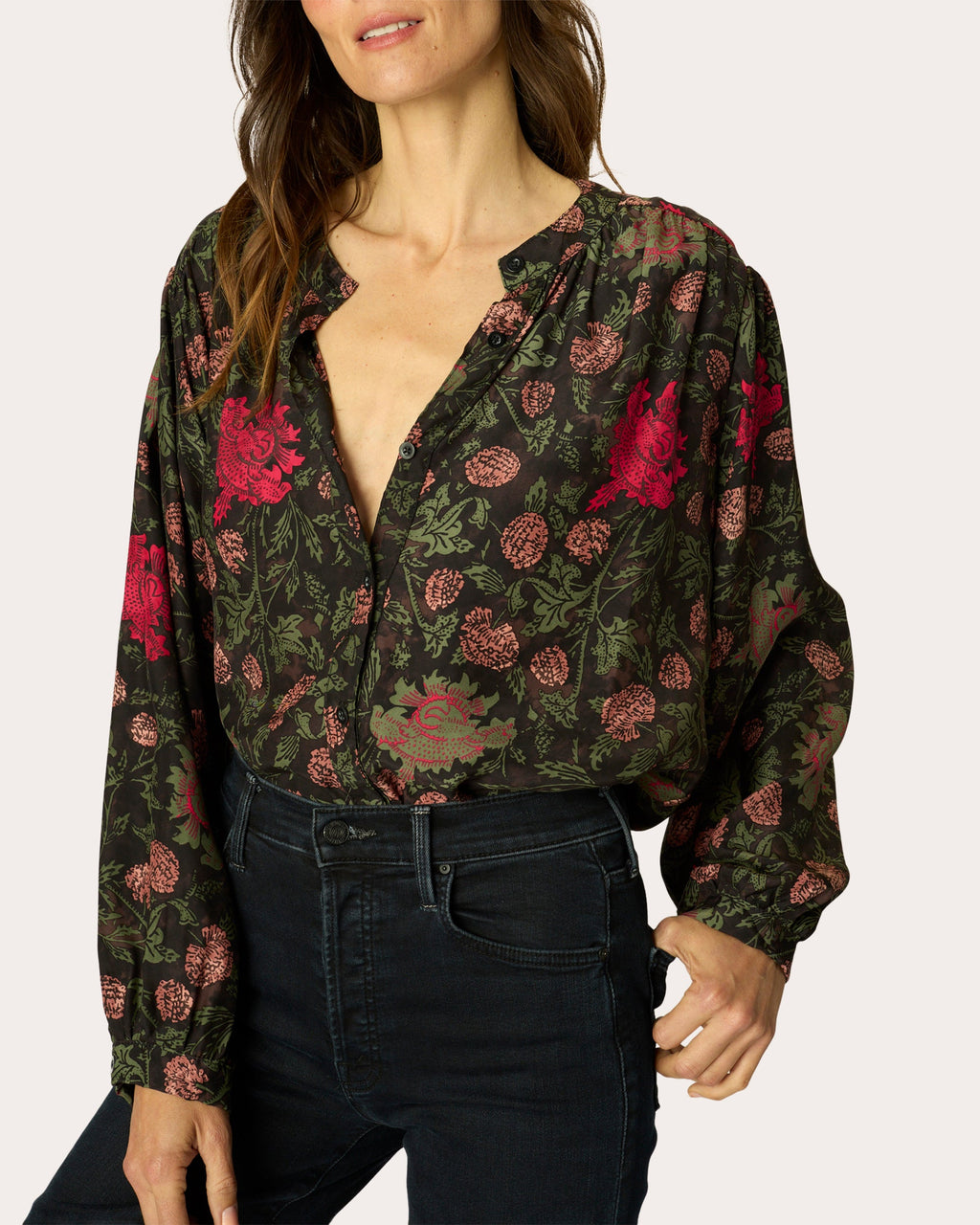 Tolan Floral Silk Gathered Button-Up Shirt