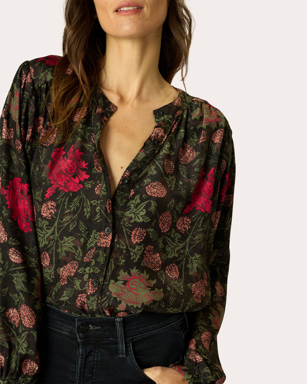 Tolan Floral Silk Gathered Button-Up Shirt