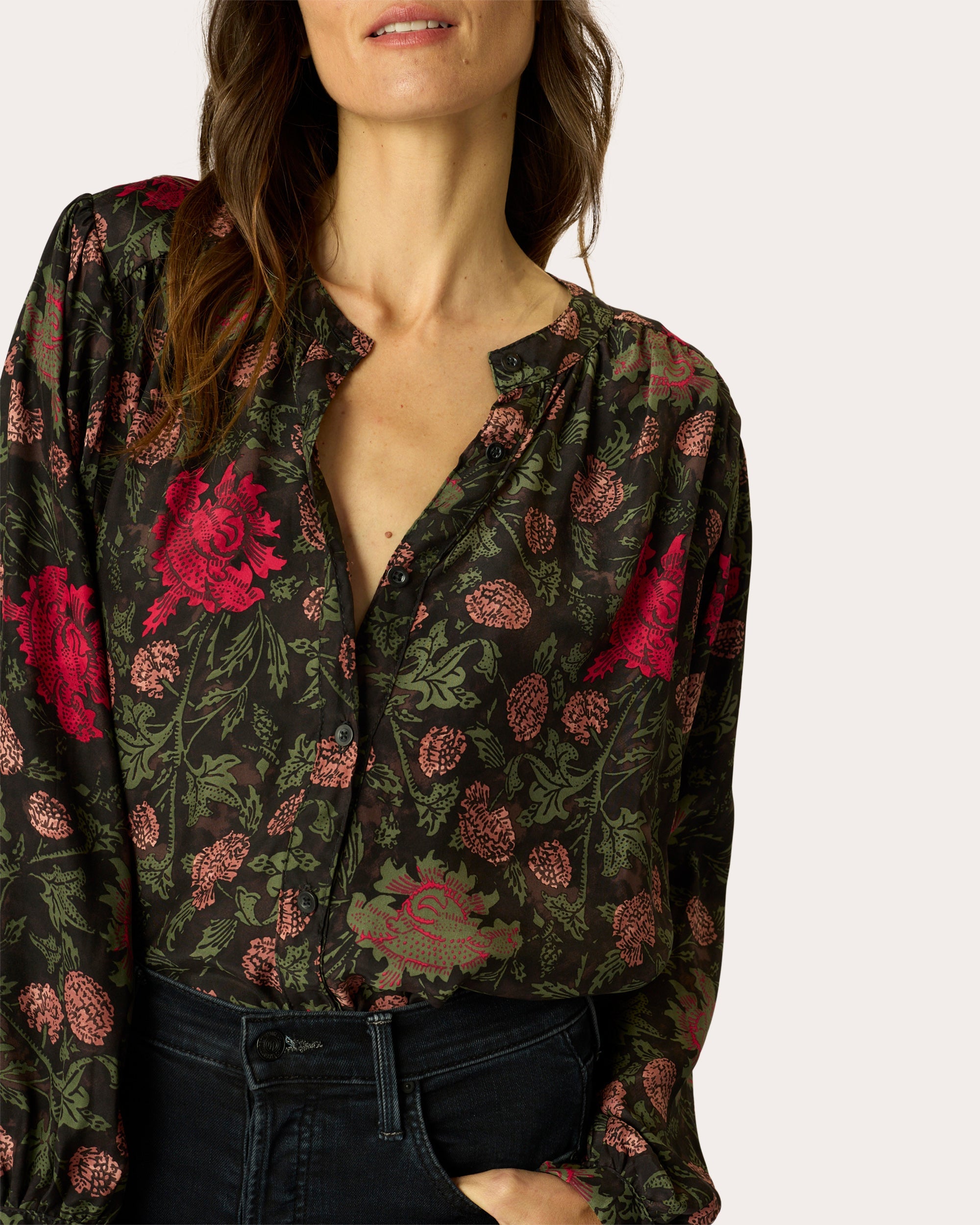 Tolan Floral Silk Gathered Button-Up Shirt