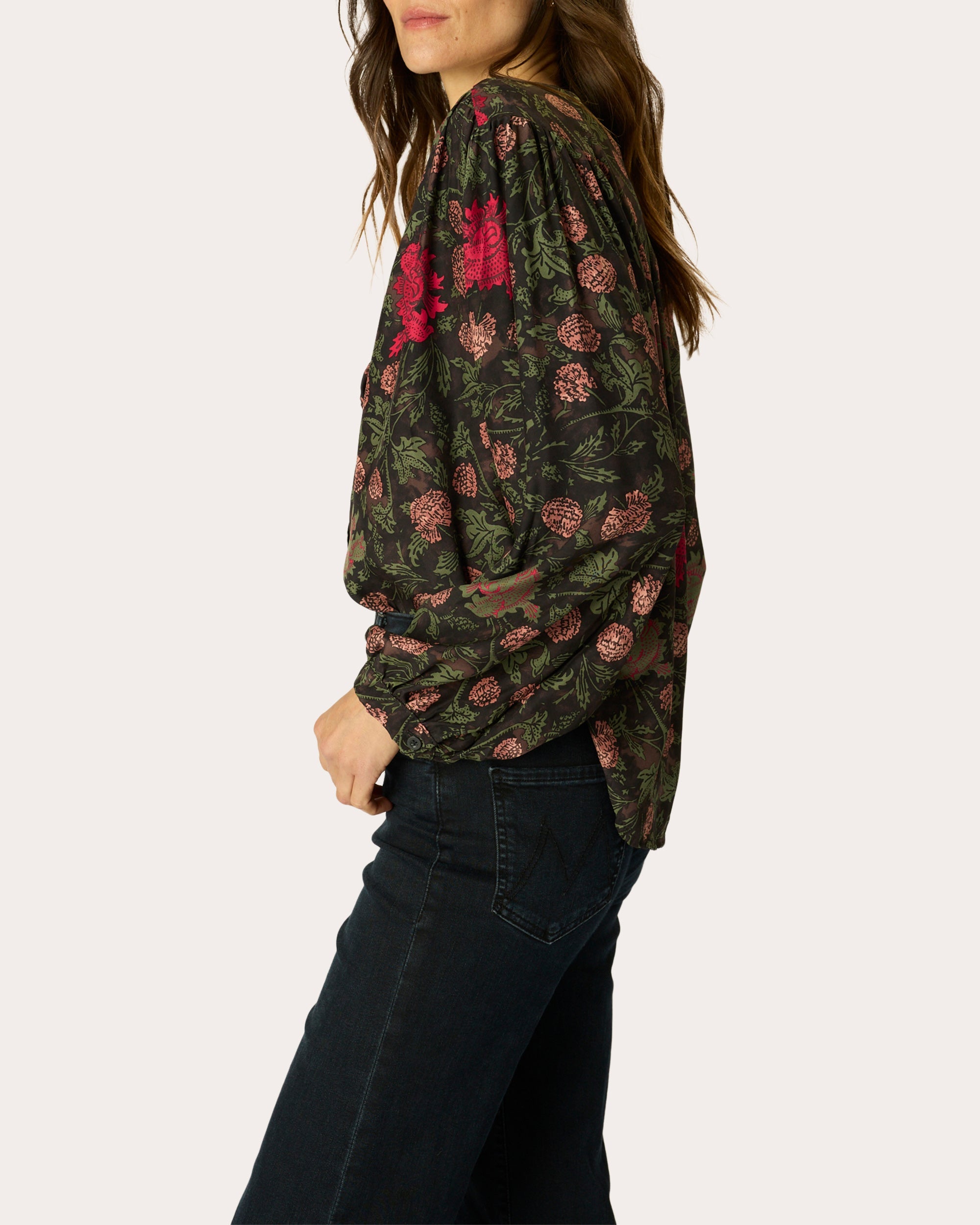 Tolan Floral Silk Gathered Button-Up Shirt