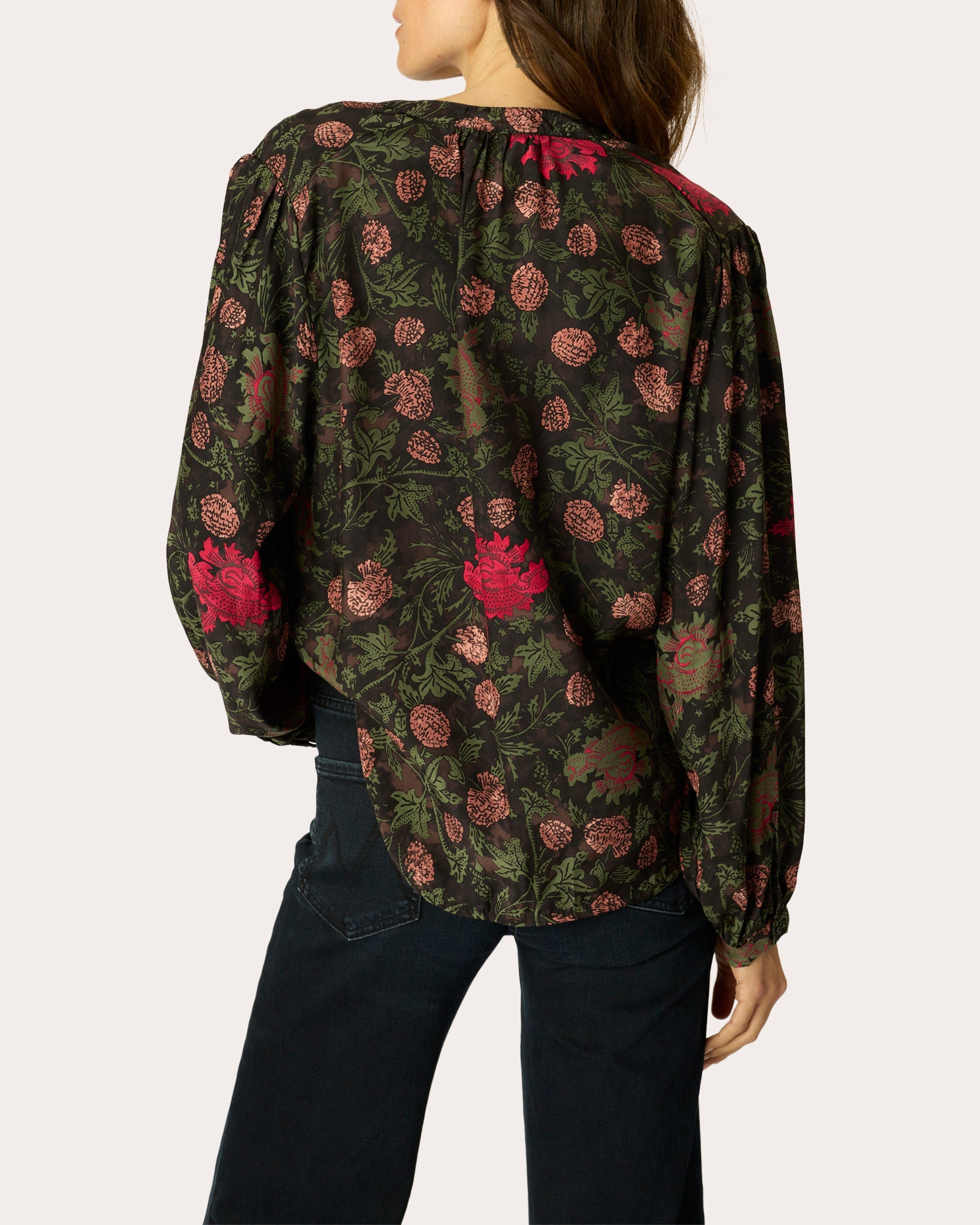 Tolan Floral Silk Gathered Button-Up Shirt