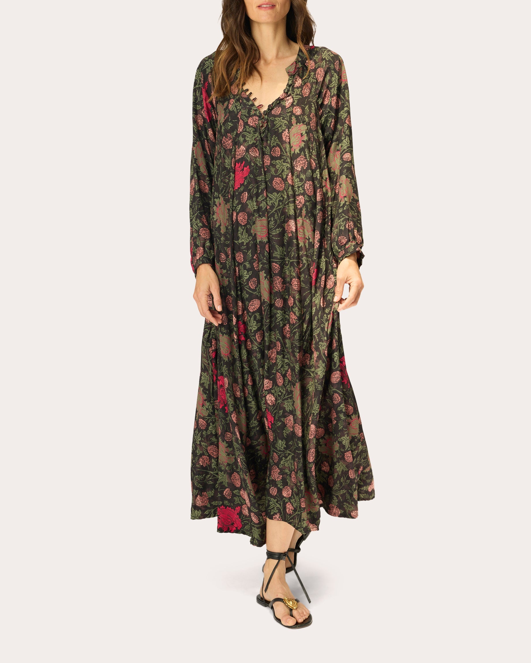 Fiore Floral Silk Pleated A-Line Maxi Dress