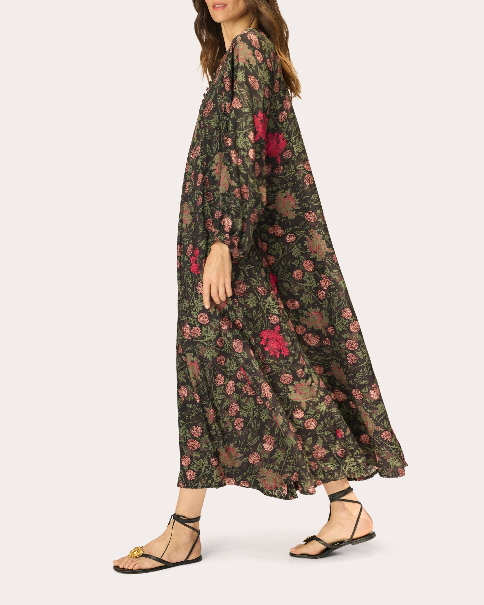 Fiore Floral Silk Pleated A-Line Maxi Dress