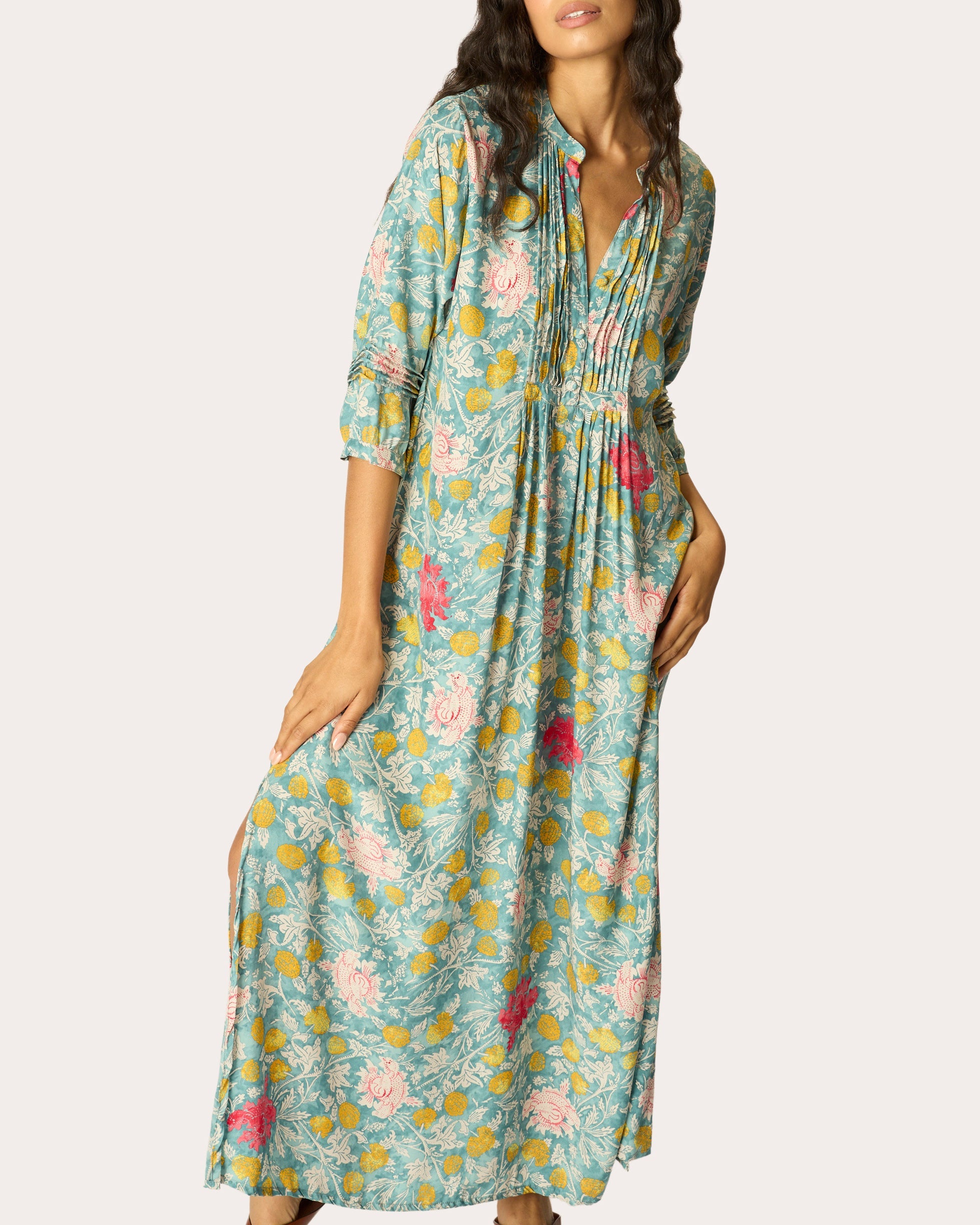 Sammie Floral Silk Pleated Button-Front Maxi Dress