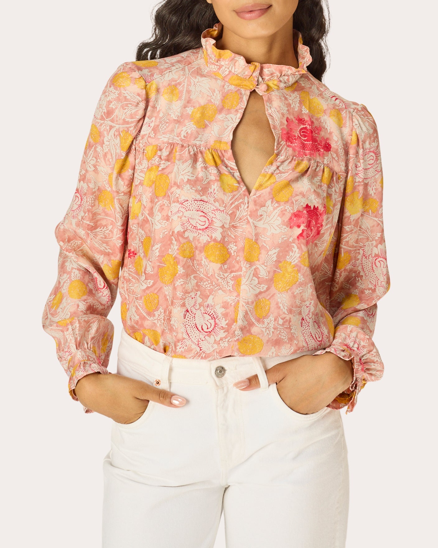 Georgia Floral Silk Ruffle-Collar Top