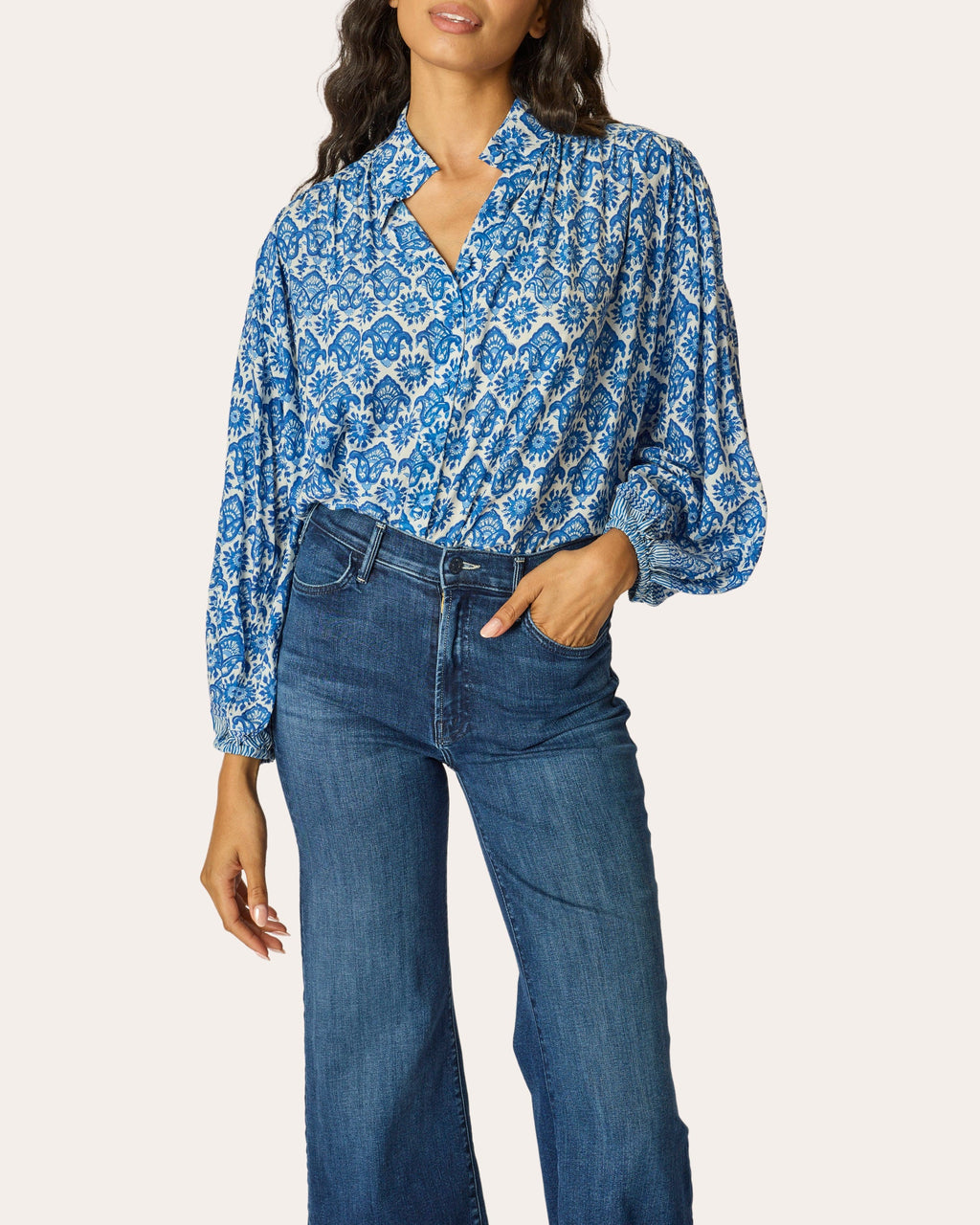 Iris Fleur de Lis Button-Up Peasant Top