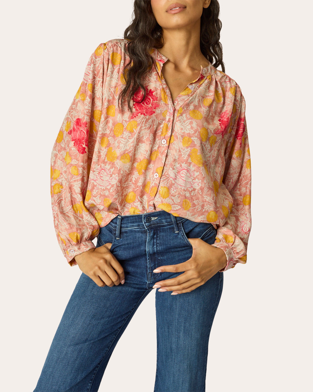 Tolan Floral Silk Gathered Button-Up Shirt