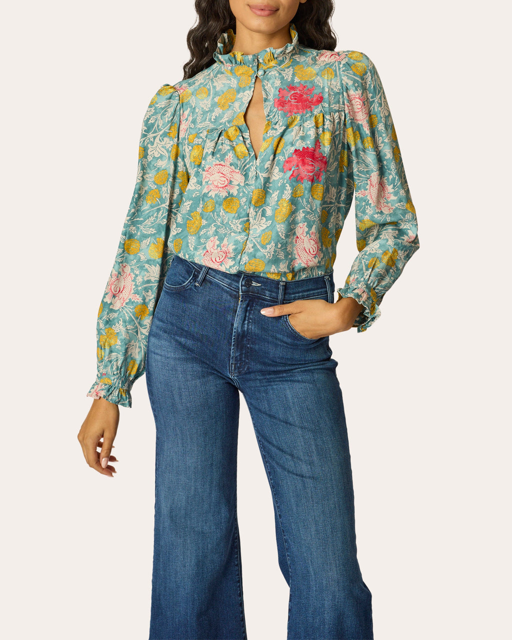 Georgia Floral Silk Ruffle-Collar Top