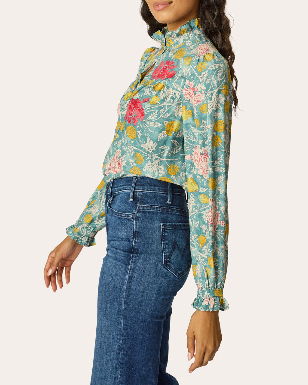 Georgia Floral Silk Ruffle-Collar Top