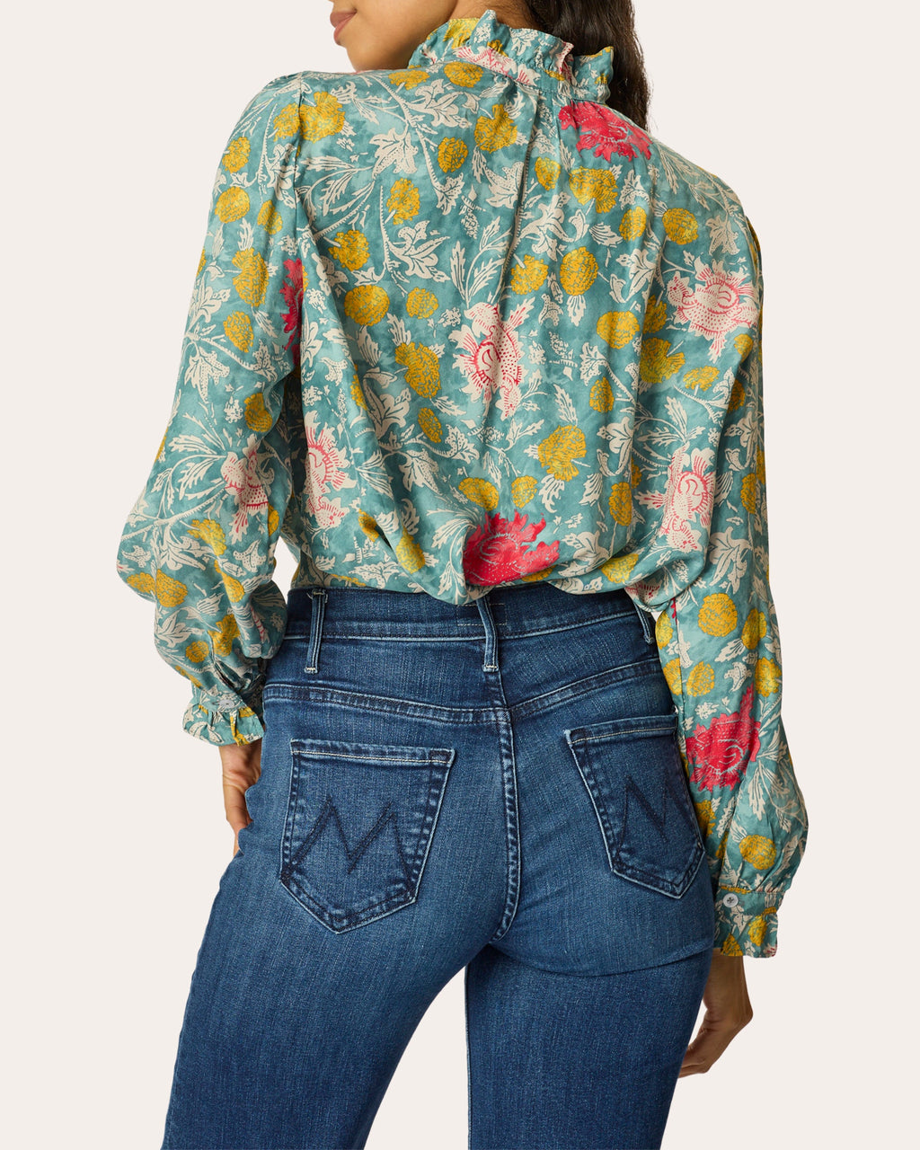 Georgia Floral Silk Ruffle-Collar Top