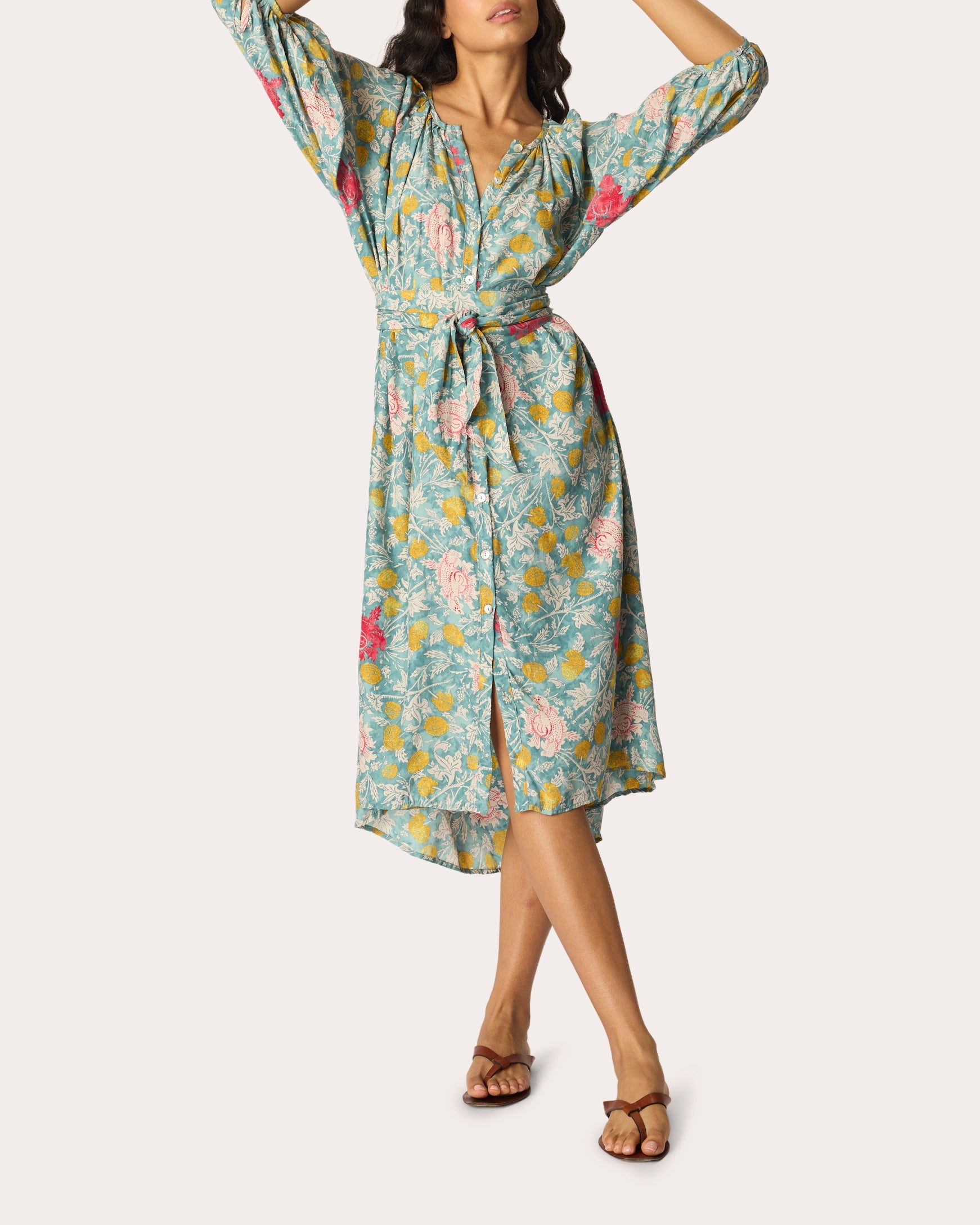Alex Floral Silk Belted Button-Up Midi Dress