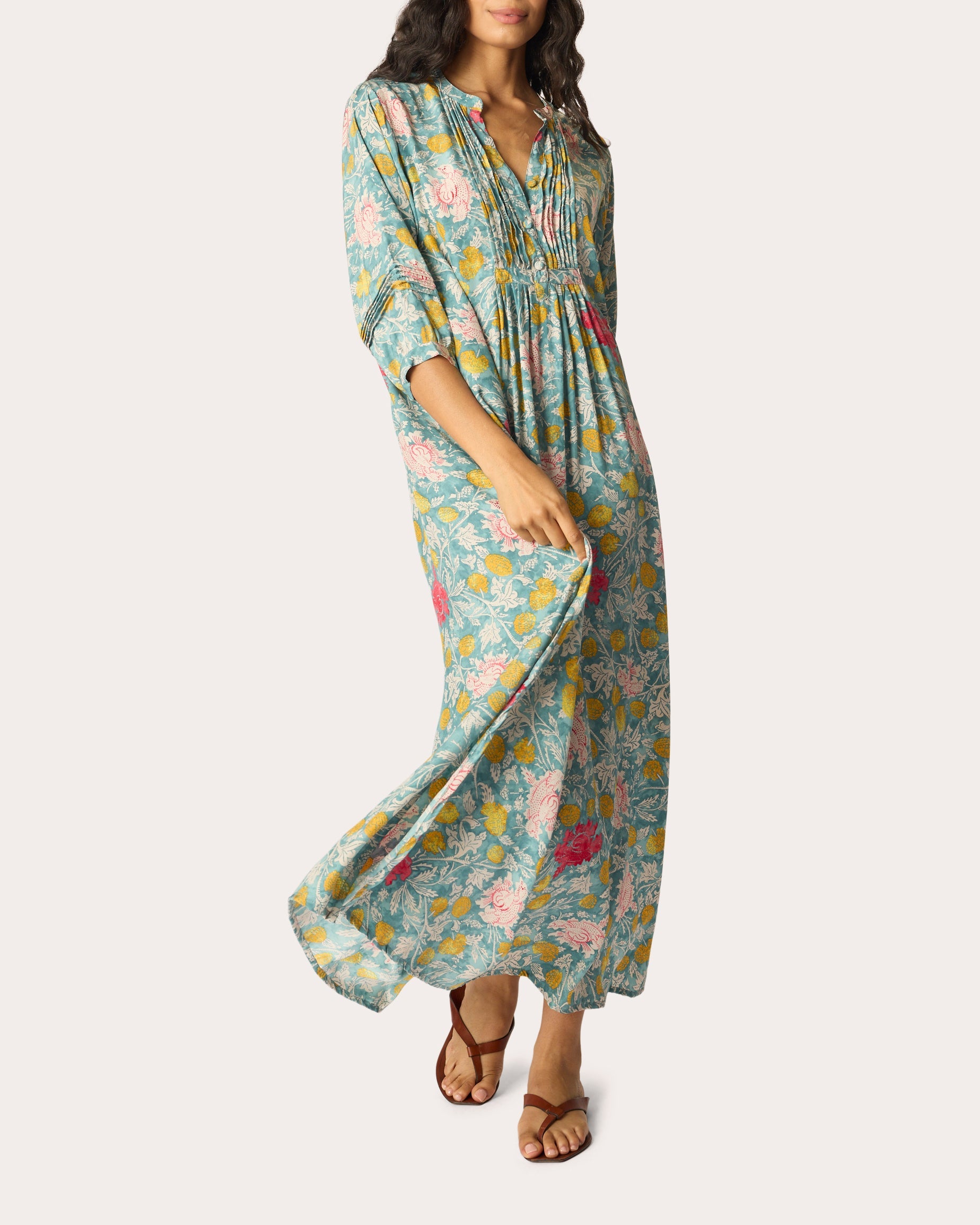 Sammie Floral Silk Pleated Button-Front Maxi Dress