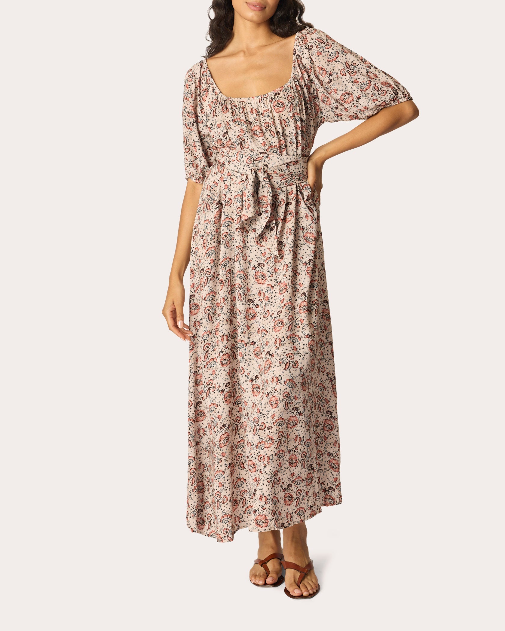 Vivi Floral Belted Puff-Sleeve Maxi Dress