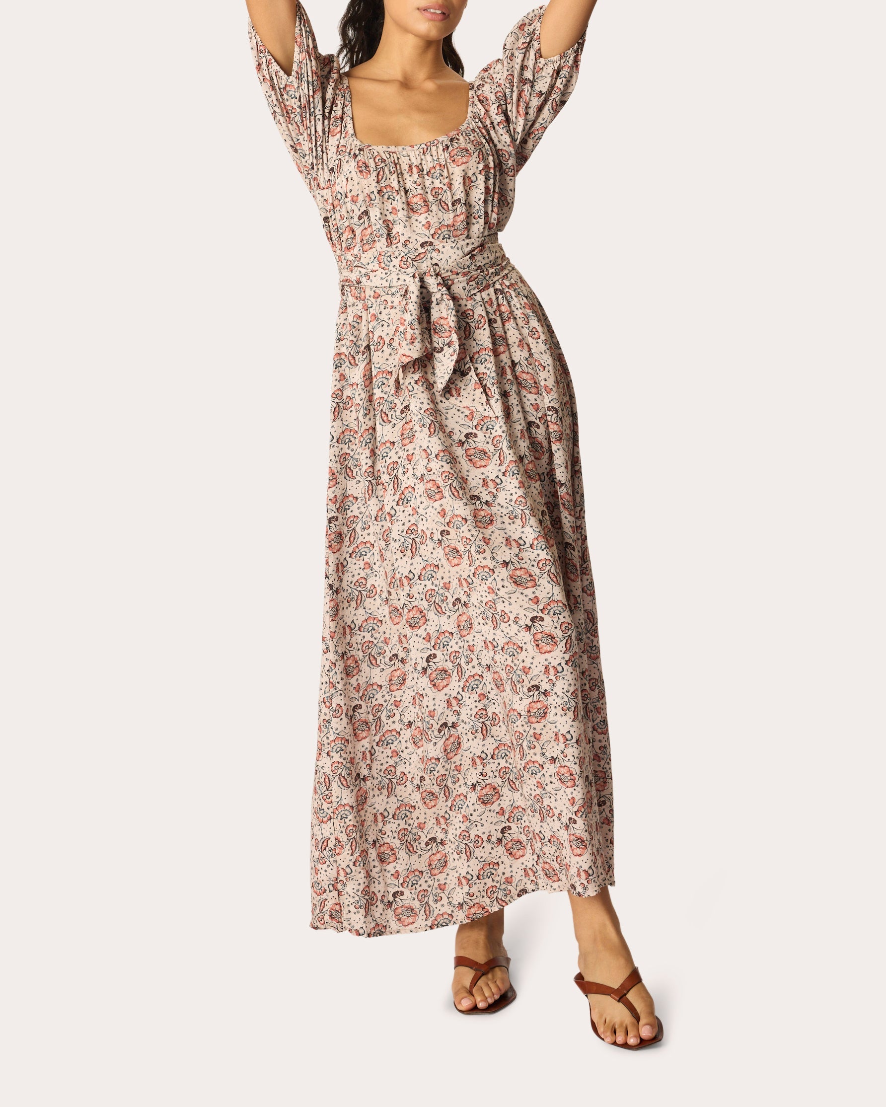 Vivi Floral Belted Puff-Sleeve Maxi Dress