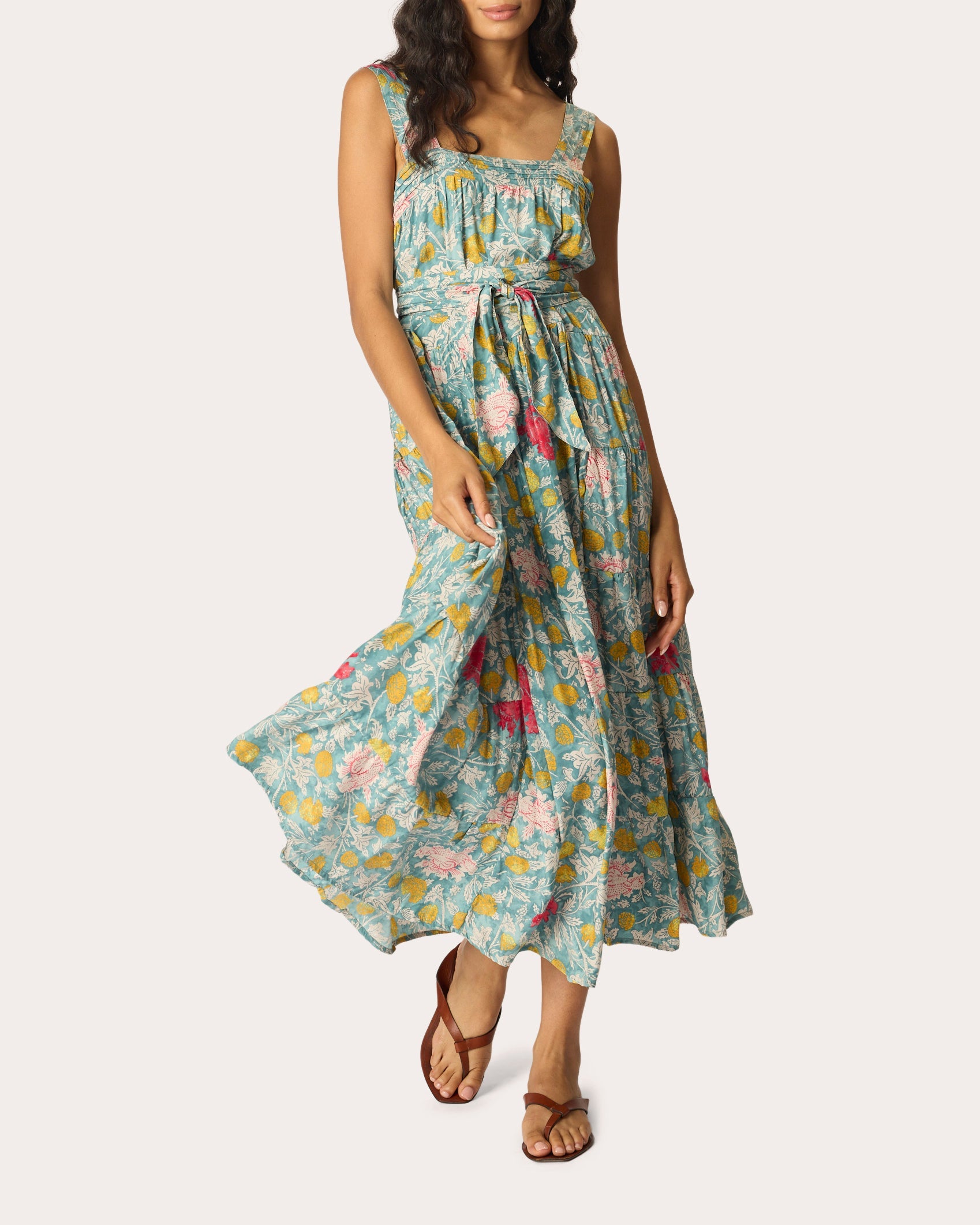 Jasmine Floral Silk Pintuck Tiered Maxi Dress