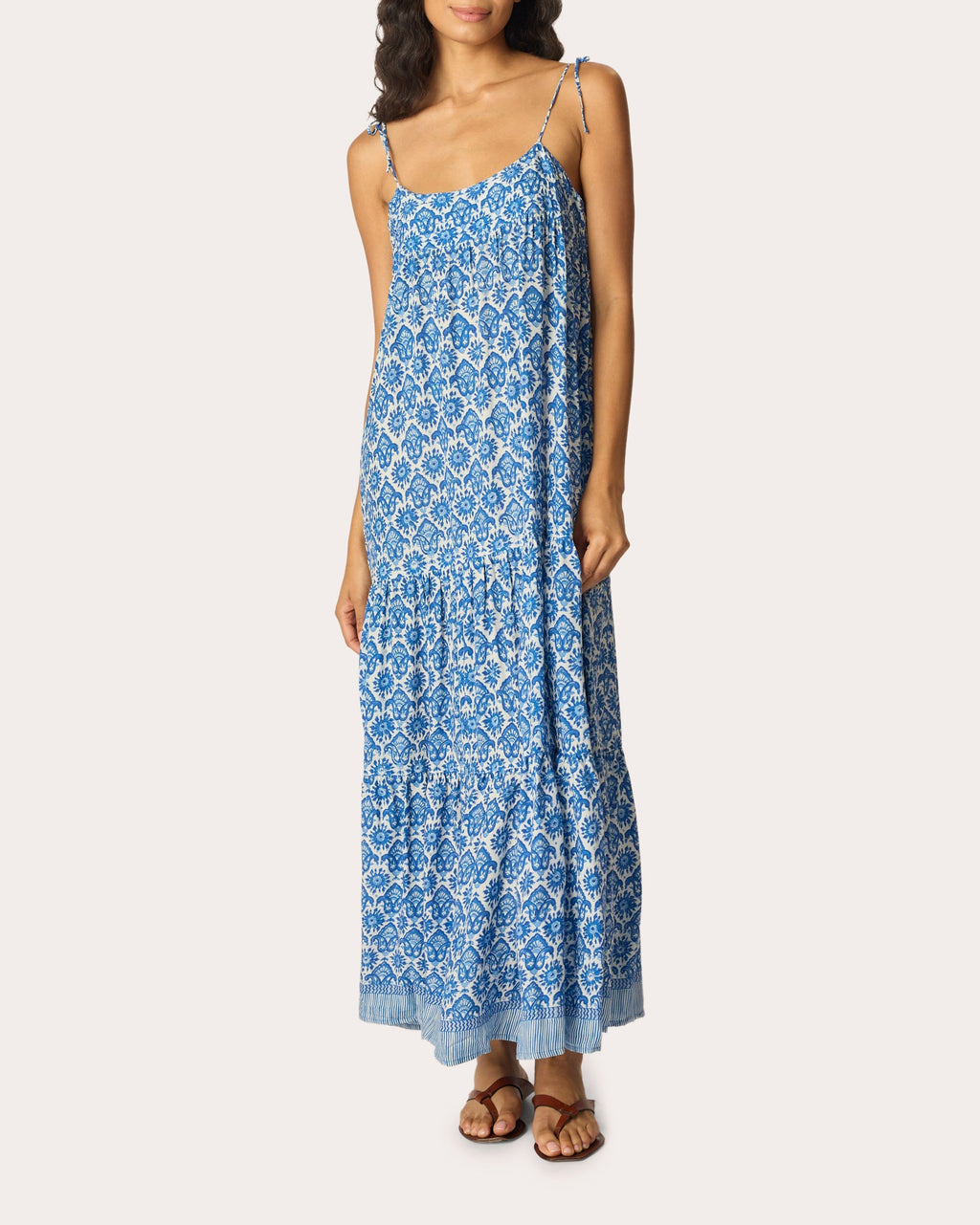 Melanie Fleur de Lis Tiered Drop-Waist Maxi Dress