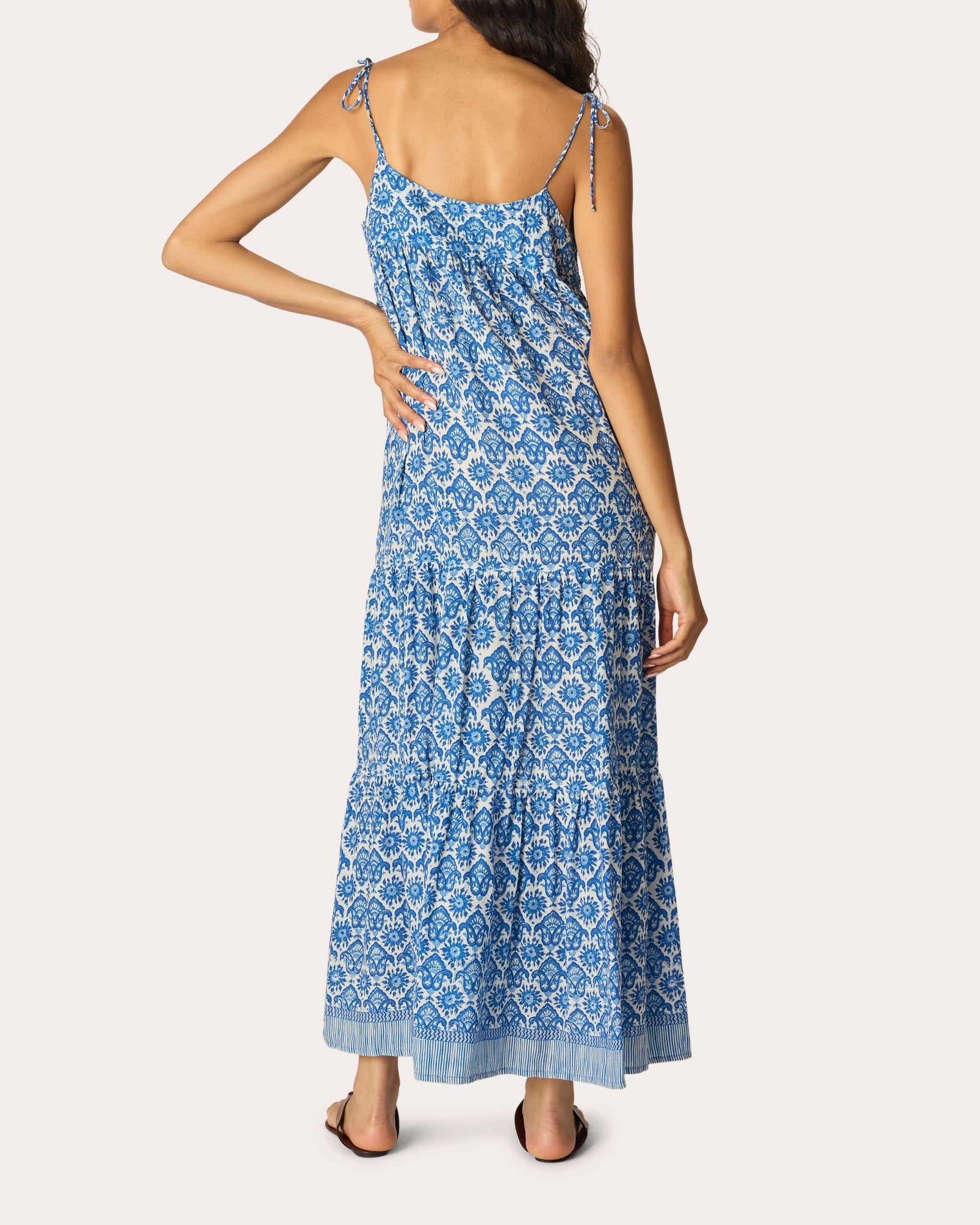Melanie Fleur de Lis Tiered Drop-Waist Maxi Dress