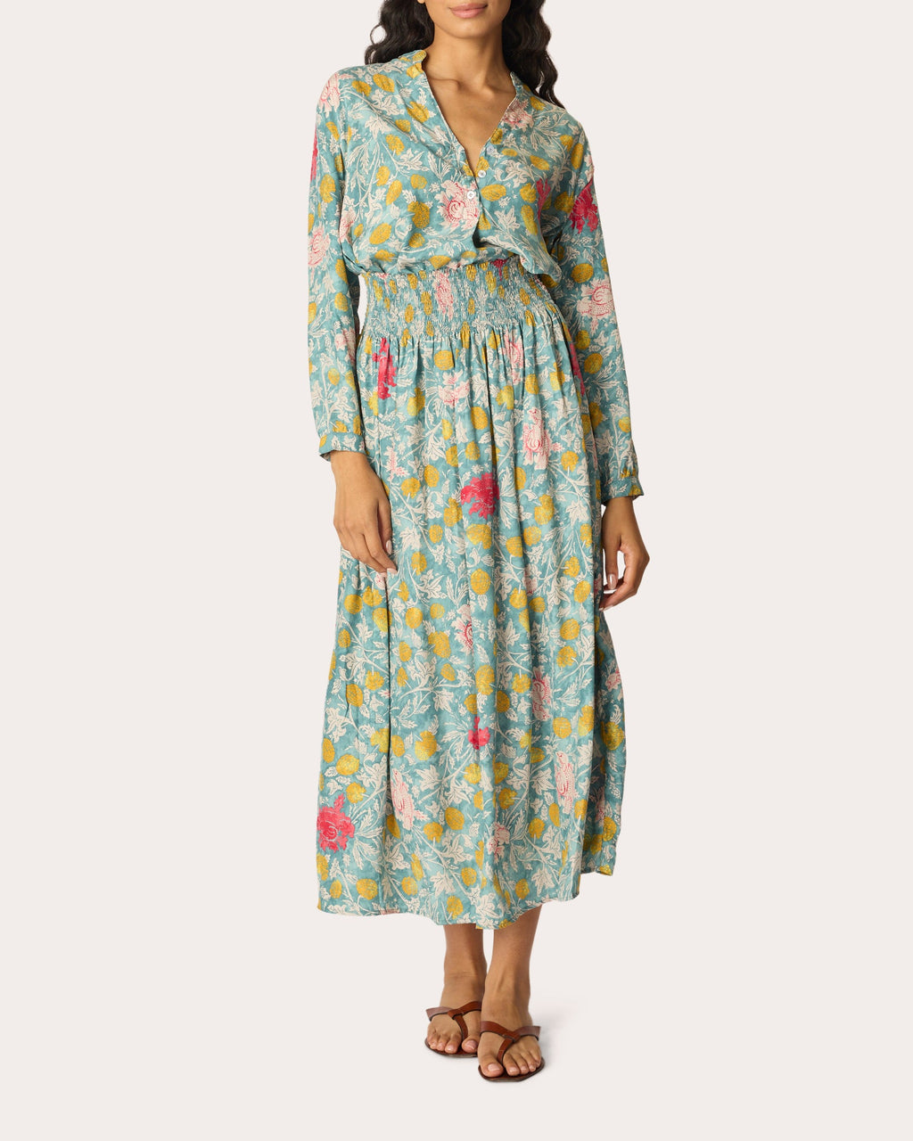 Tolan Floral Silk Gathered Button-Up Shirt