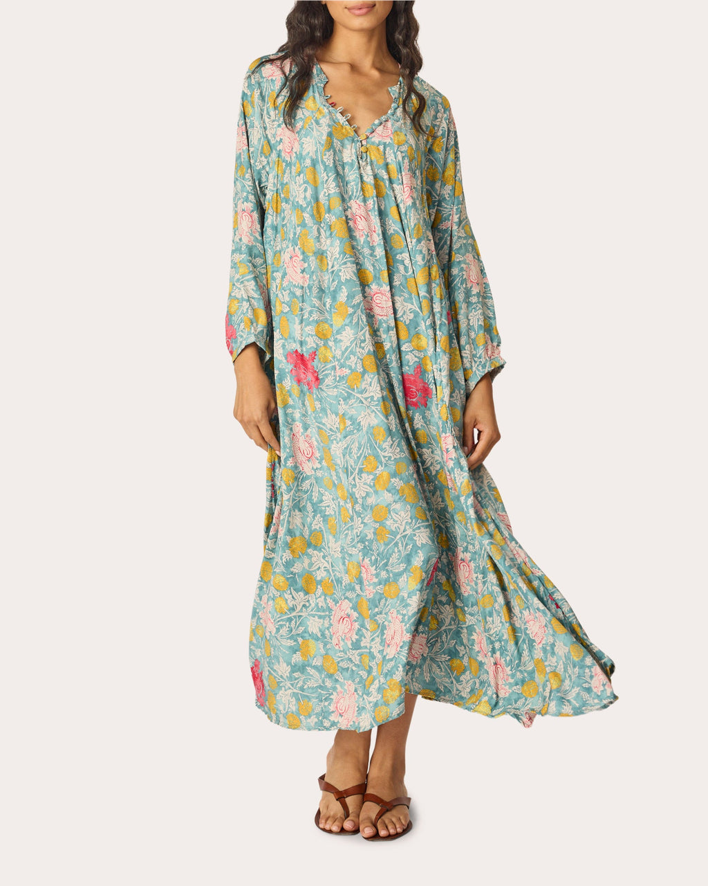 Fiore Floral Silk Pleated A-Line Maxi Dress