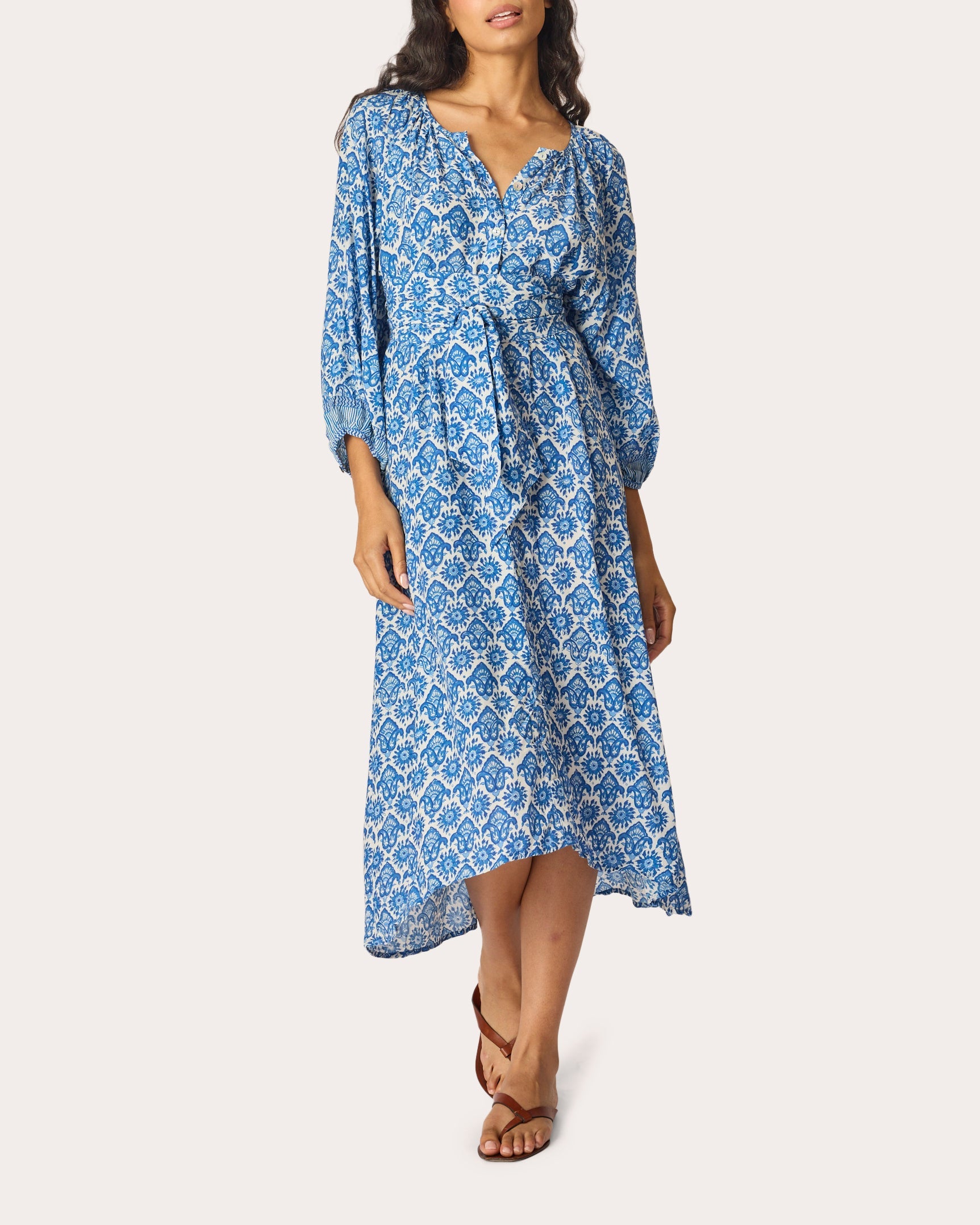 Alex Fleur de Lis Belted Button-Up Midi Dress