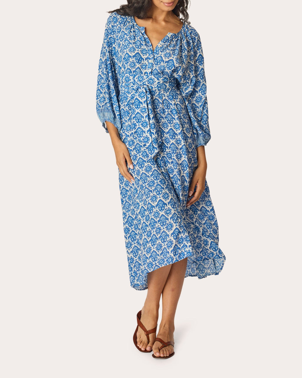 Alex Fleur de Lis Belted Button-Up Midi Dress