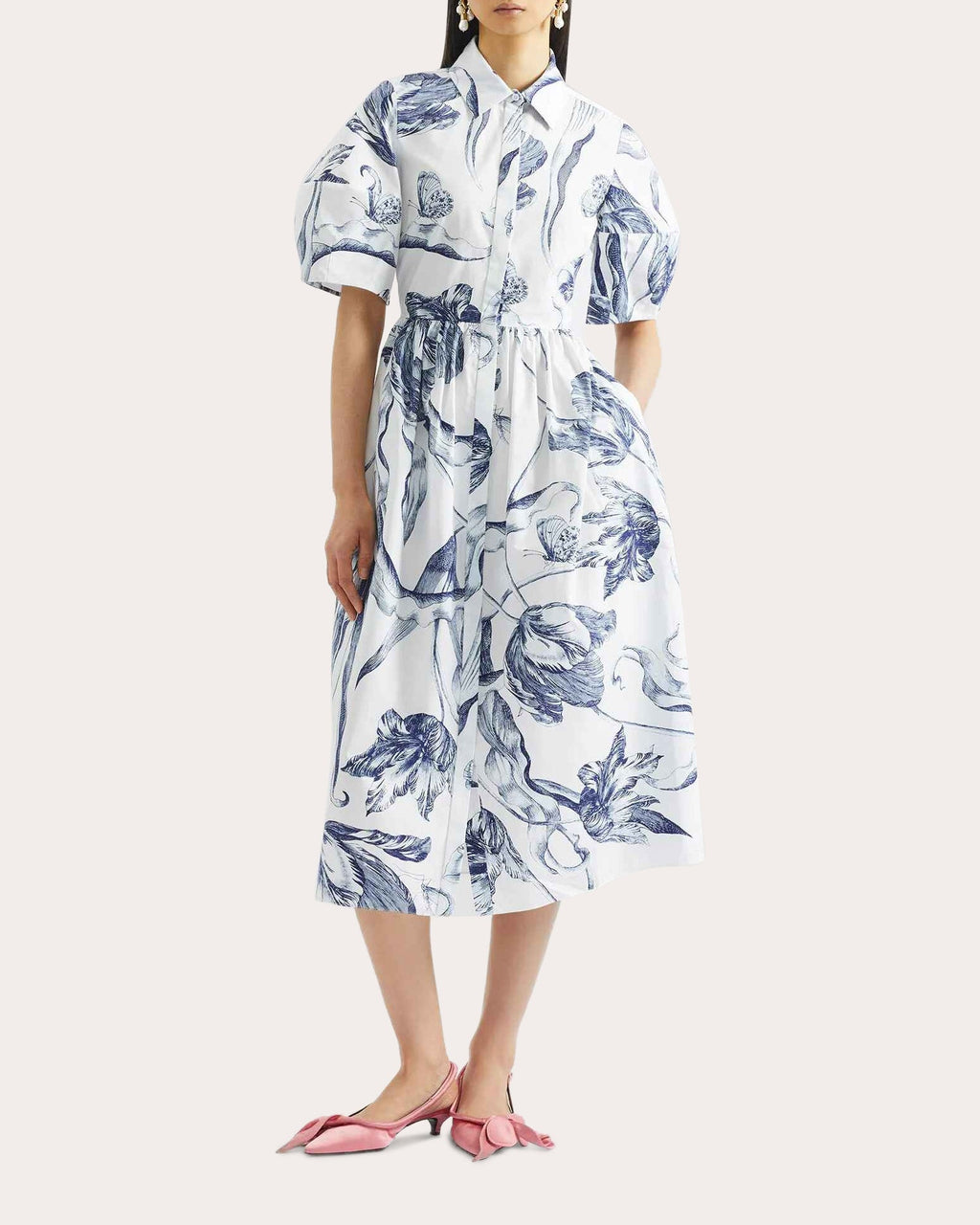Floral Gathered Midi Shirt Dress