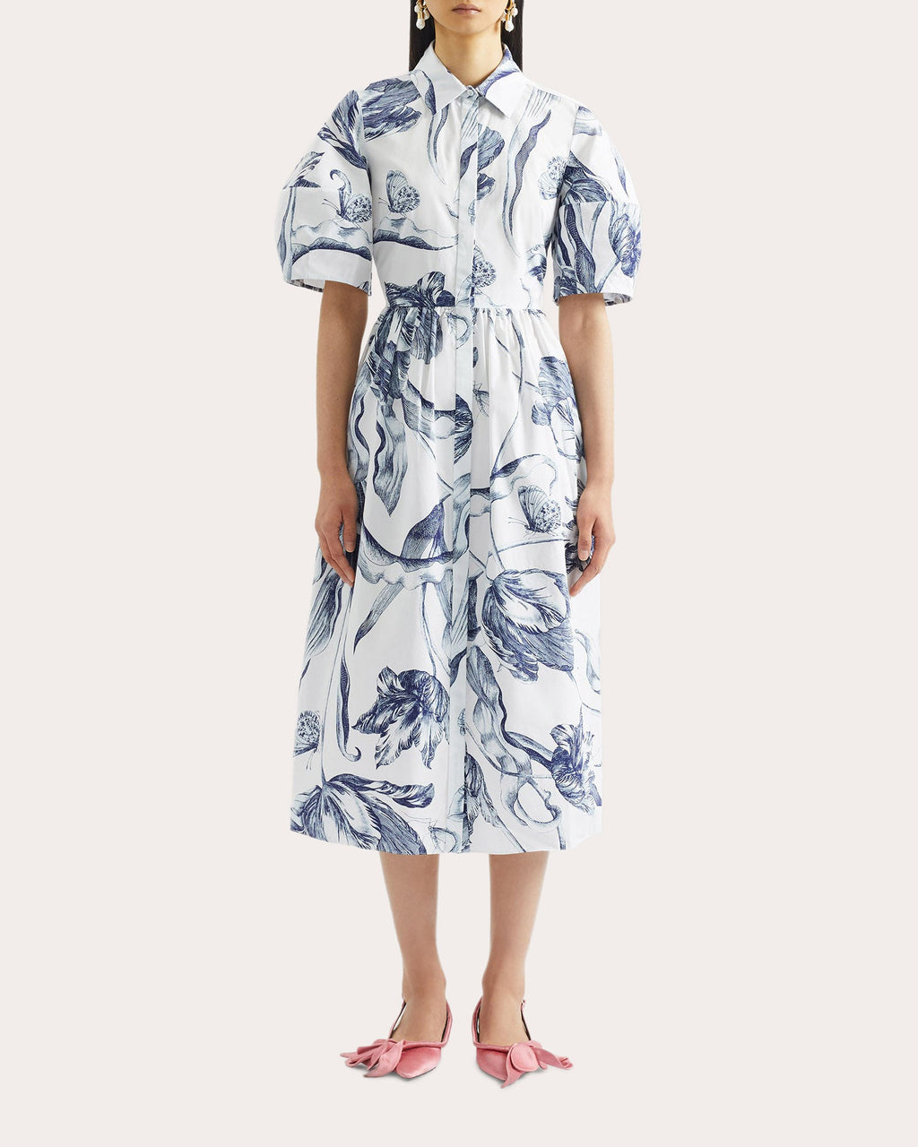 Floral Gathered Midi Shirt Dress