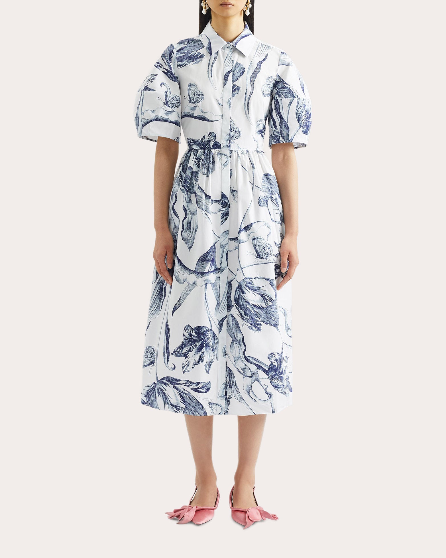 Floral Gathered Midi Shirt Dress